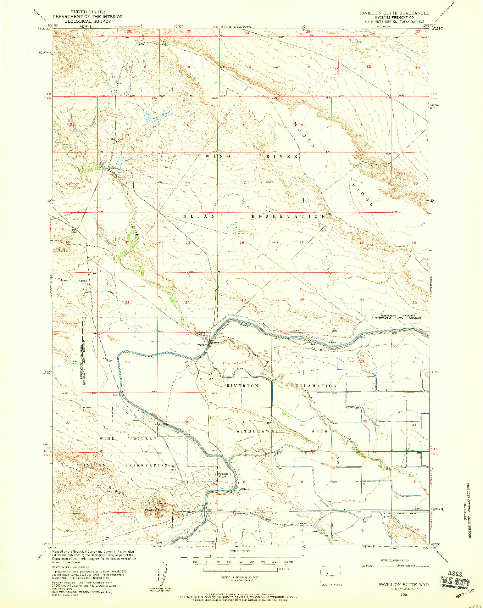 USGS 1:24000-SCALE QUADRANGLE FOR PAVILLION BUTTE, WY 1958