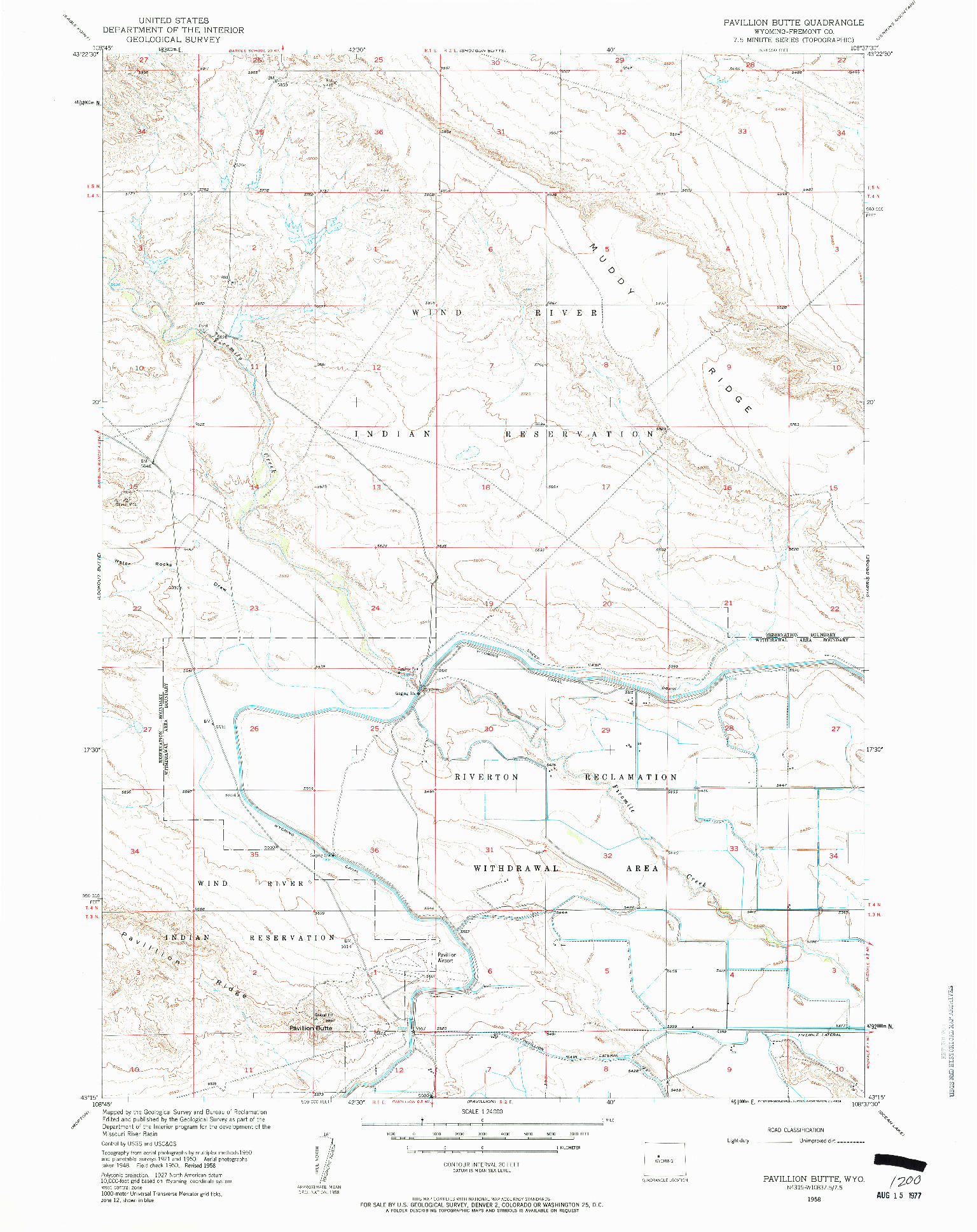 USGS 1:24000-SCALE QUADRANGLE FOR PAVILLION BUTTE, WY 1958