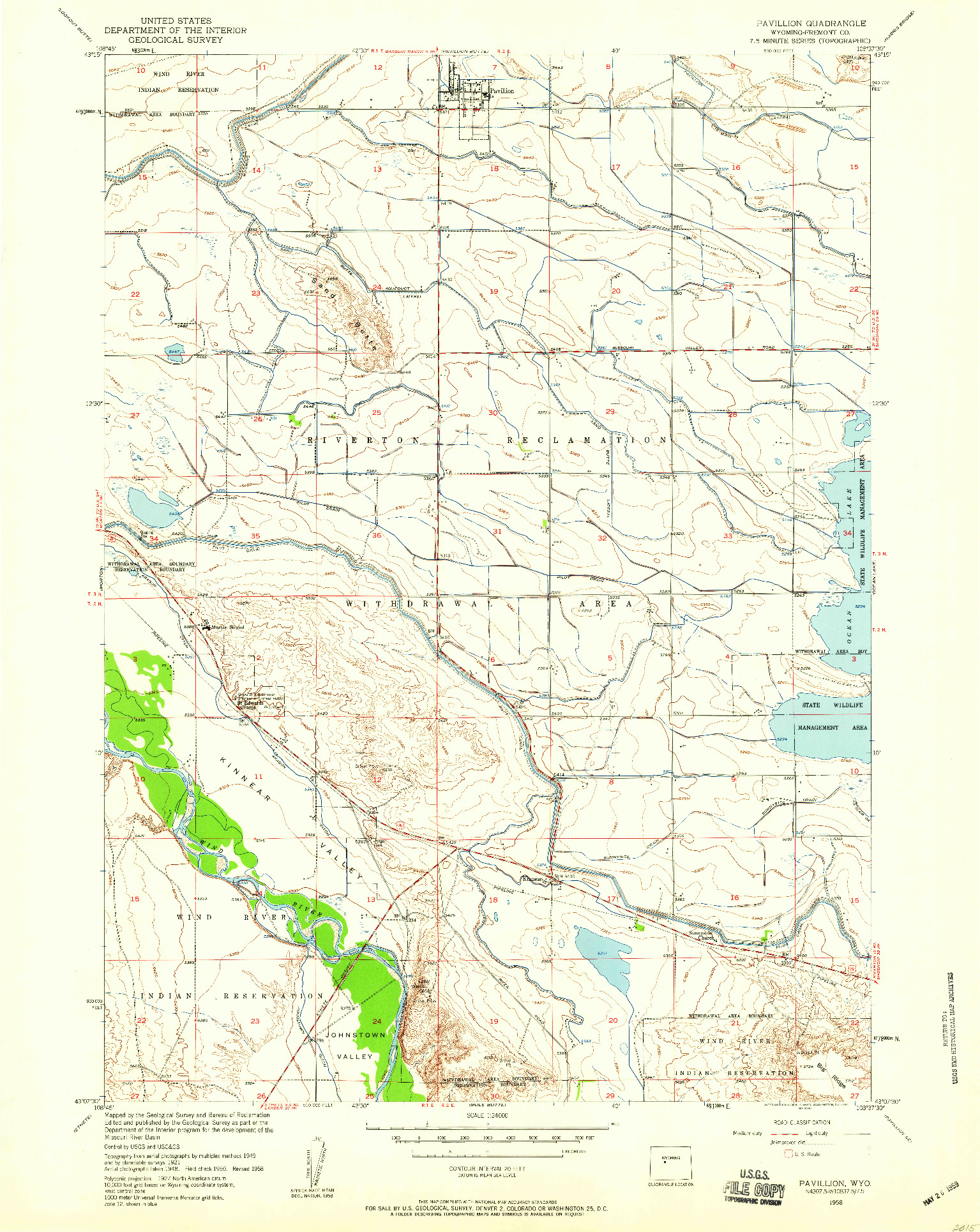 USGS 1:24000-SCALE QUADRANGLE FOR PAVILLION, WY 1958