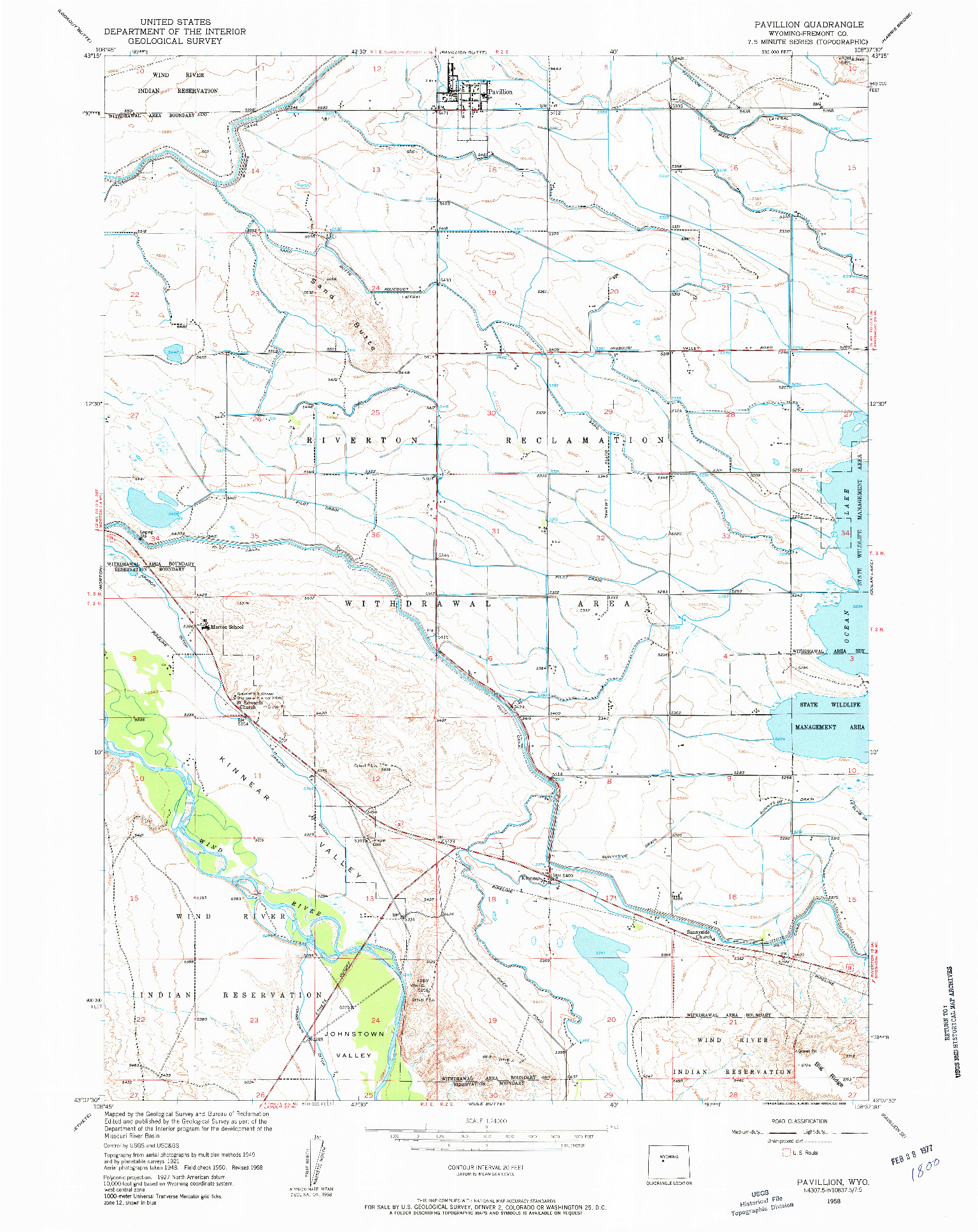 USGS 1:24000-SCALE QUADRANGLE FOR PAVILLION, WY 1958