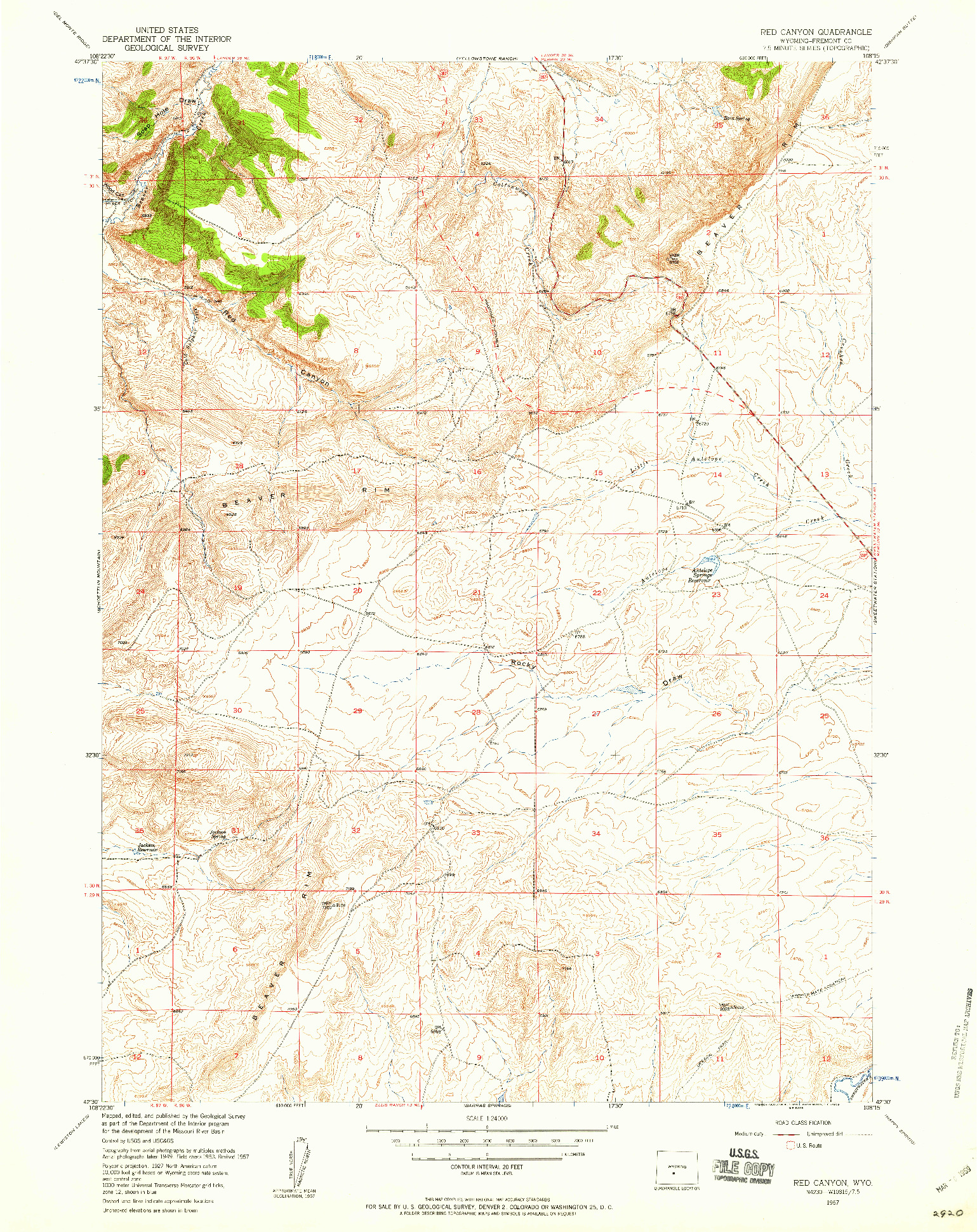 USGS 1:24000-SCALE QUADRANGLE FOR RED CANYON, WY 1957