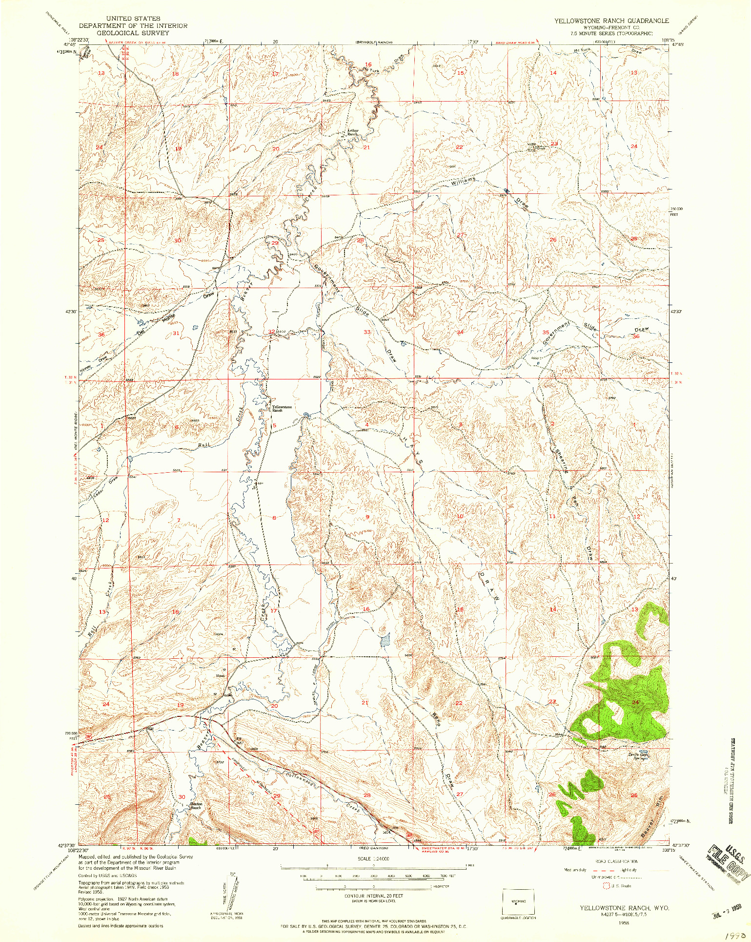 USGS 1:24000-SCALE QUADRANGLE FOR YELLOWSTONE RANCH, WY 1958