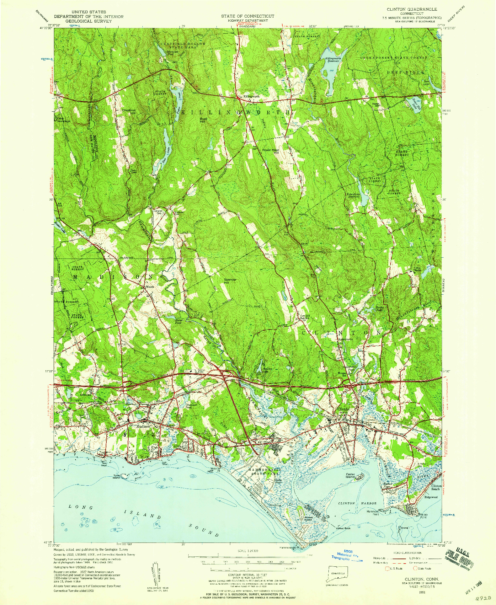 USGS 1:24000-SCALE QUADRANGLE FOR CLINTON, CT 1951
