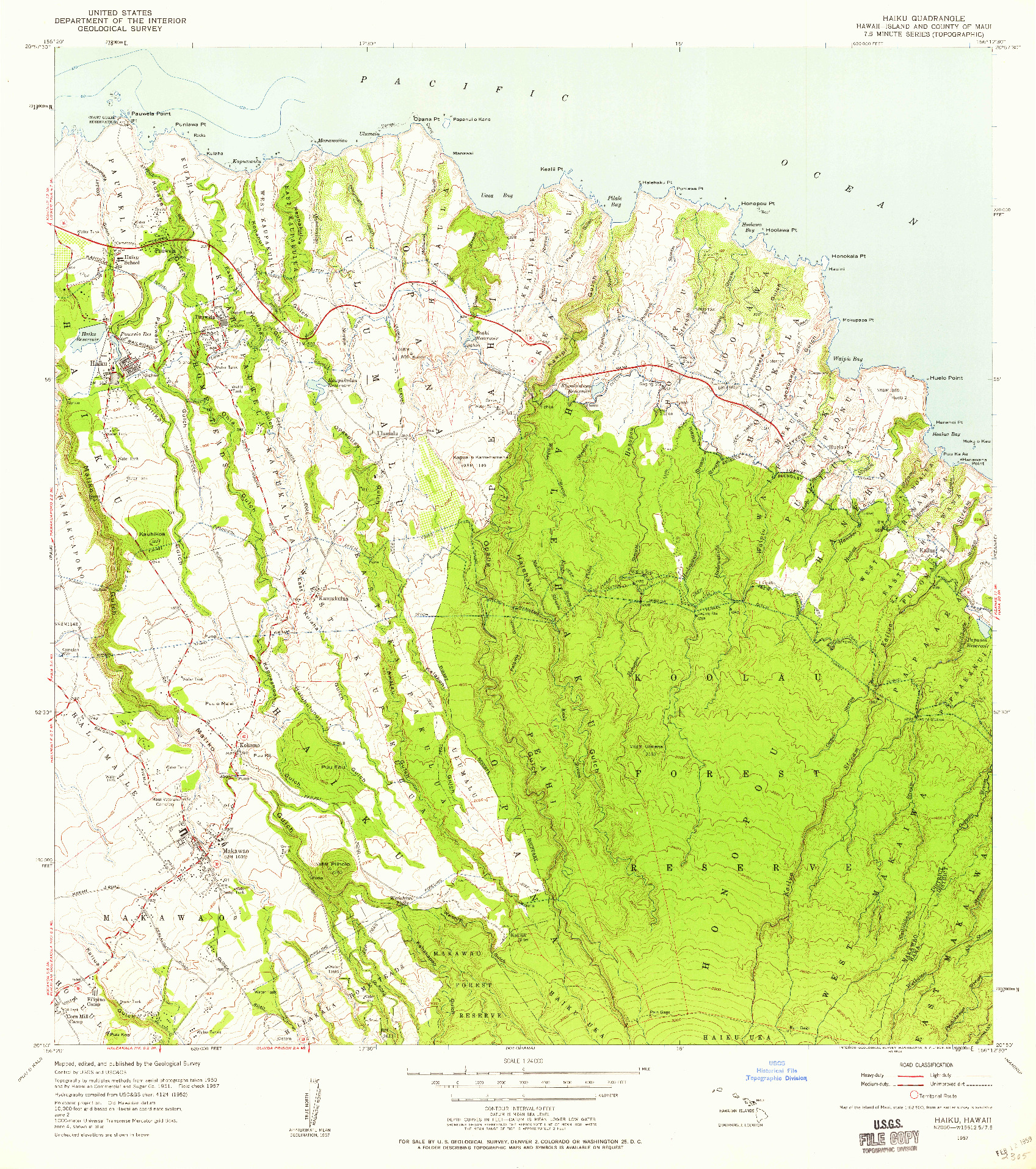 USGS 1:24000-SCALE QUADRANGLE FOR HAIKU, HI 1957