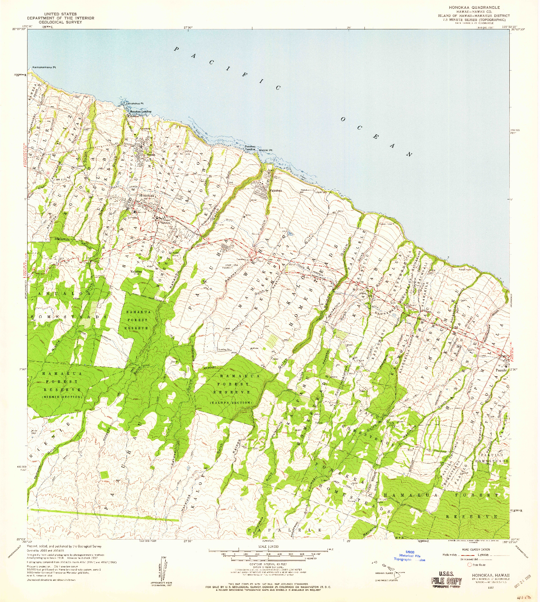 USGS 1:24000-SCALE QUADRANGLE FOR HONOKAA, HI 1957