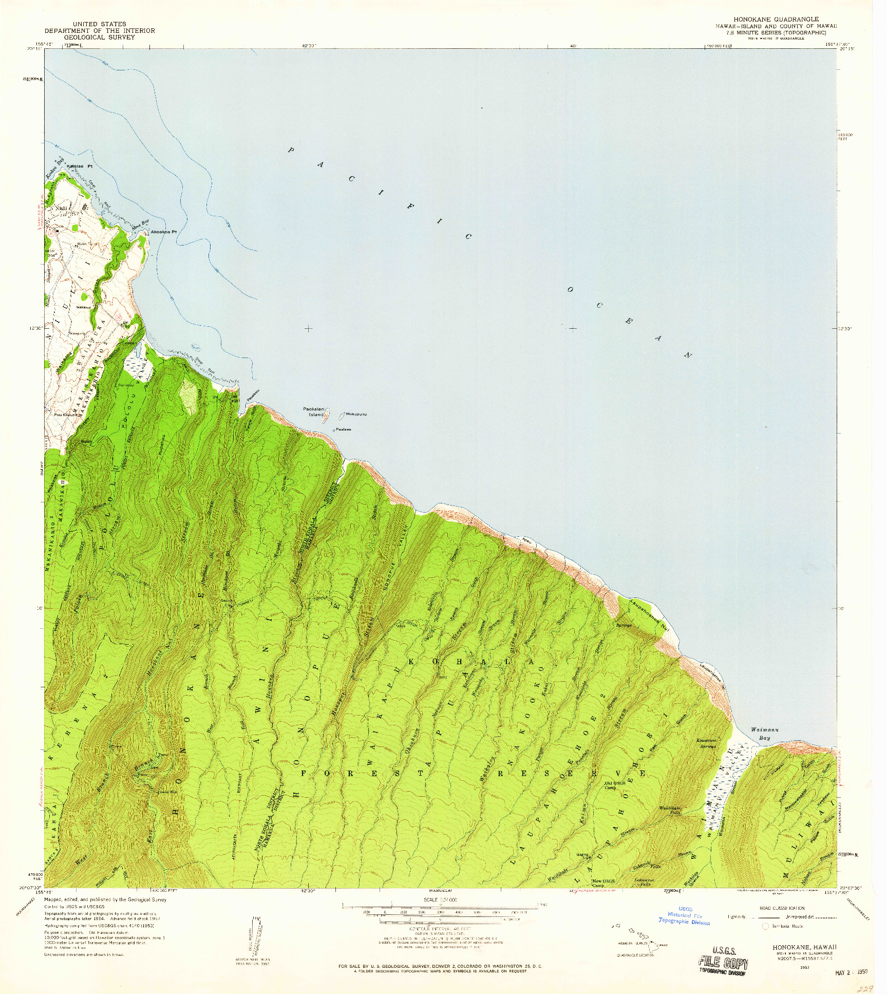 USGS 1:24000-SCALE QUADRANGLE FOR HONOKANE, HI 1957