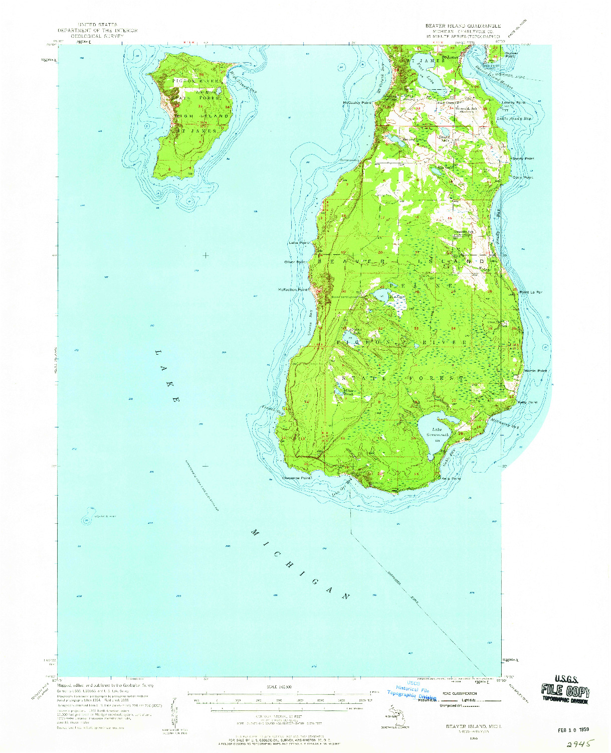 USGS 1:62500-SCALE QUADRANGLE FOR BEAVER ISLAND, MI 1956