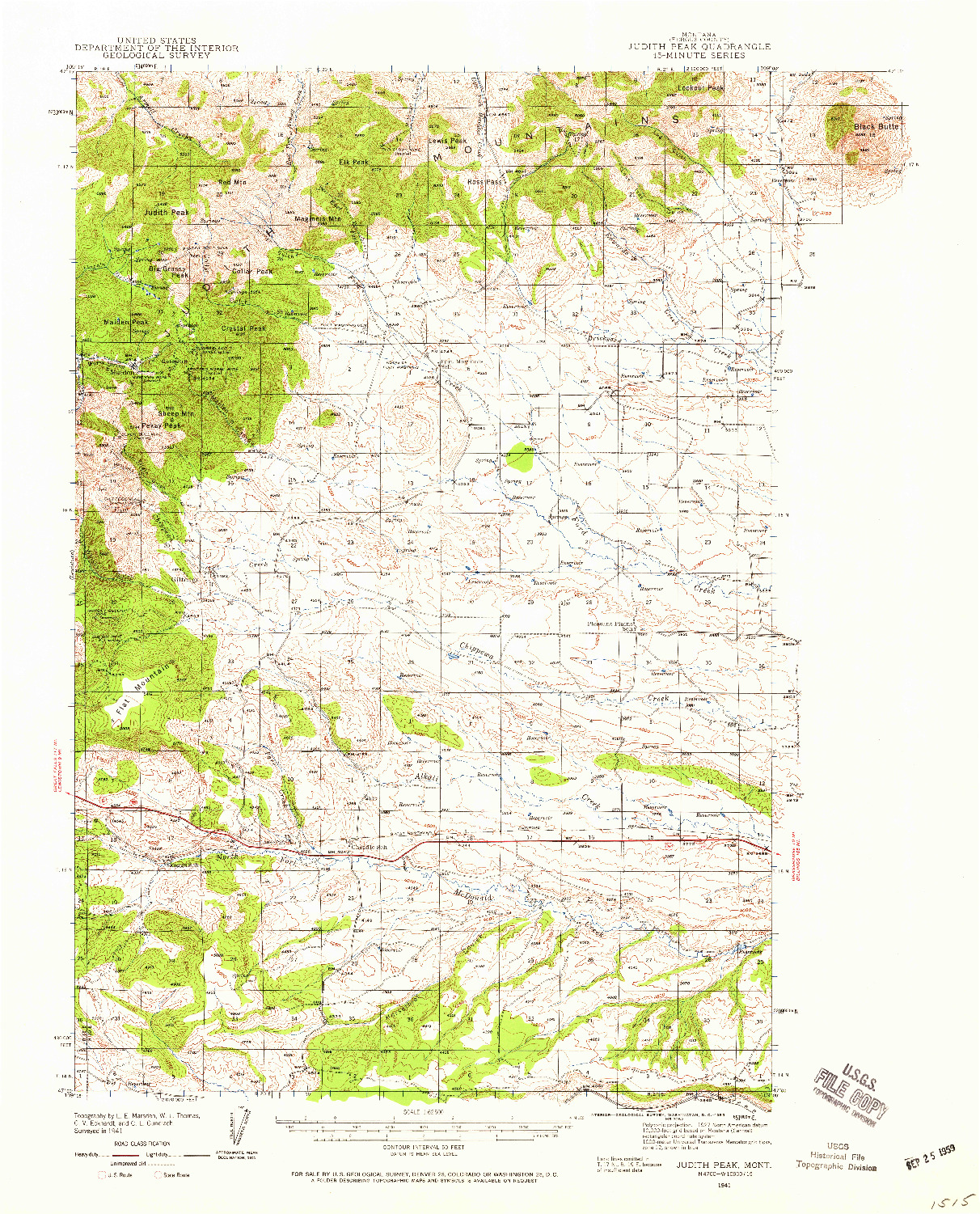 USGS 1:62500-SCALE QUADRANGLE FOR JUDITH PEAK, MT 1941