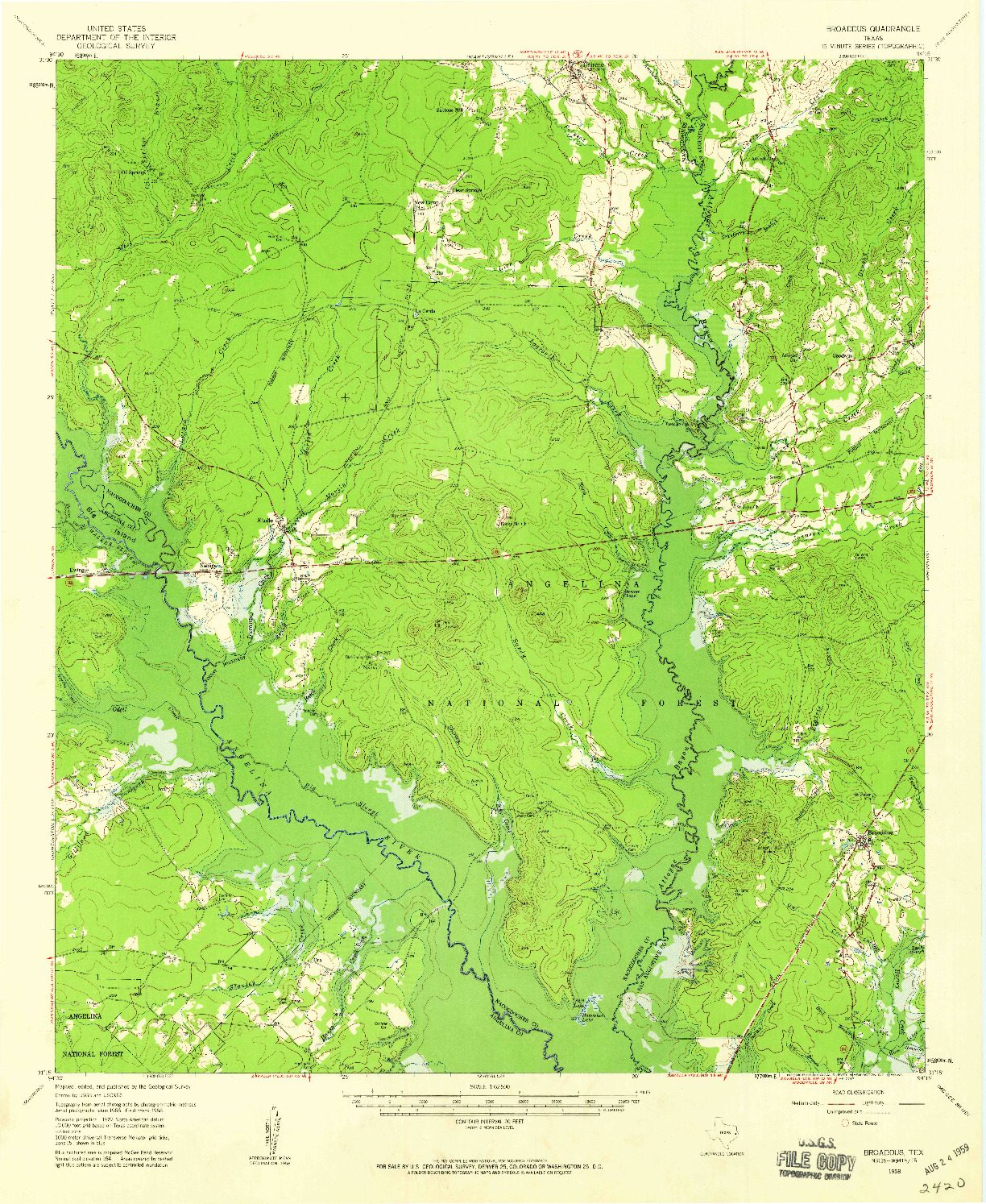 USGS 1:62500-SCALE QUADRANGLE FOR BROADDUS, TX 1958