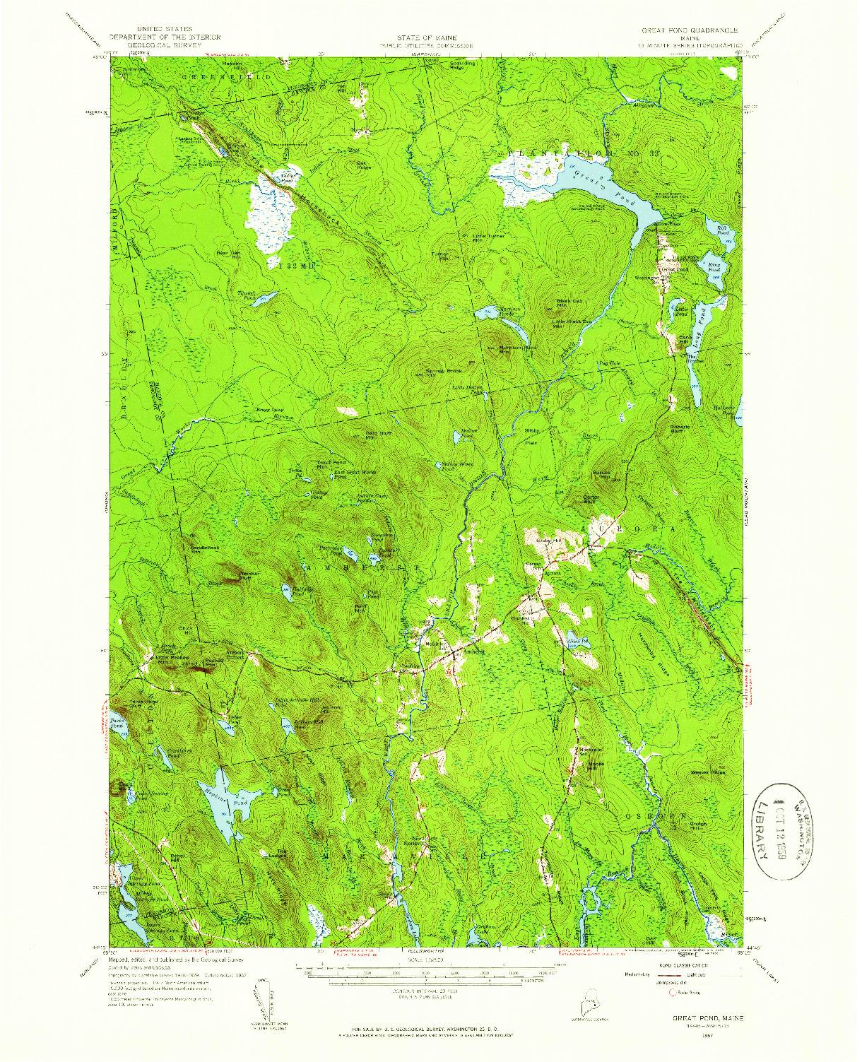 USGS 1:62500-SCALE QUADRANGLE FOR GREAT POND, ME 1957