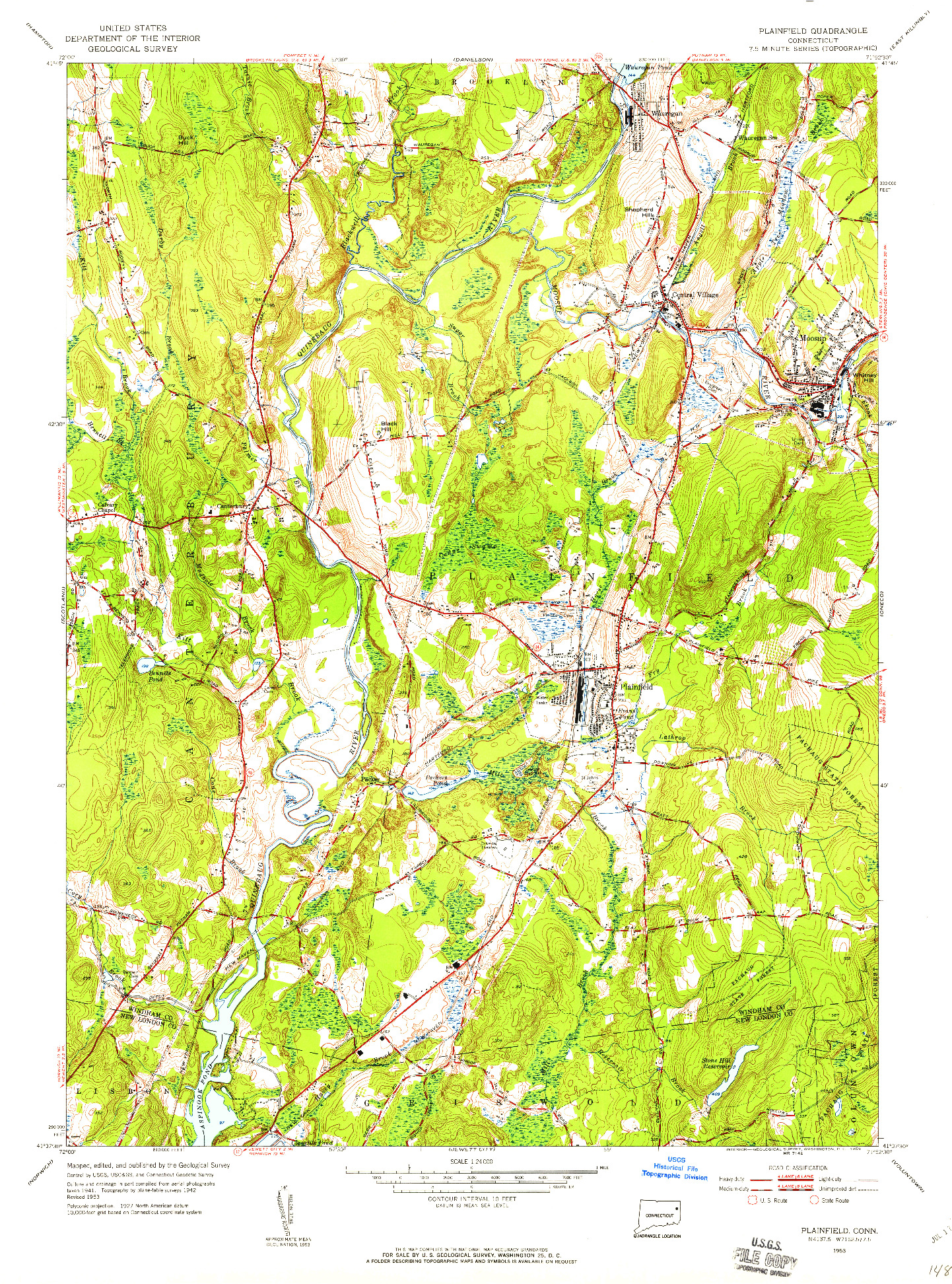 USGS 1:24000-SCALE QUADRANGLE FOR PLAINFIELD, CT 1953