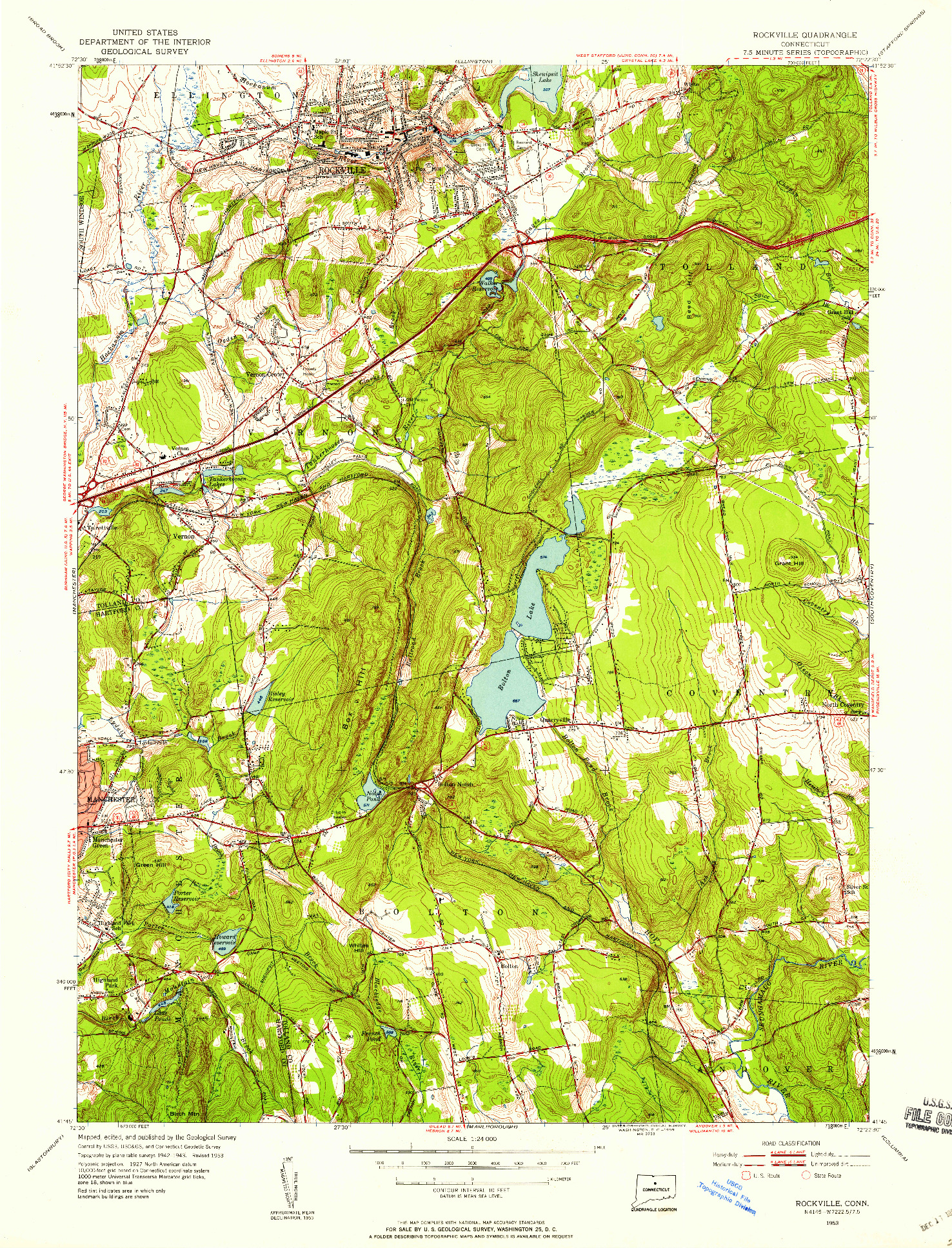 USGS 1:24000-SCALE QUADRANGLE FOR ROCKVILLE, CT 1953