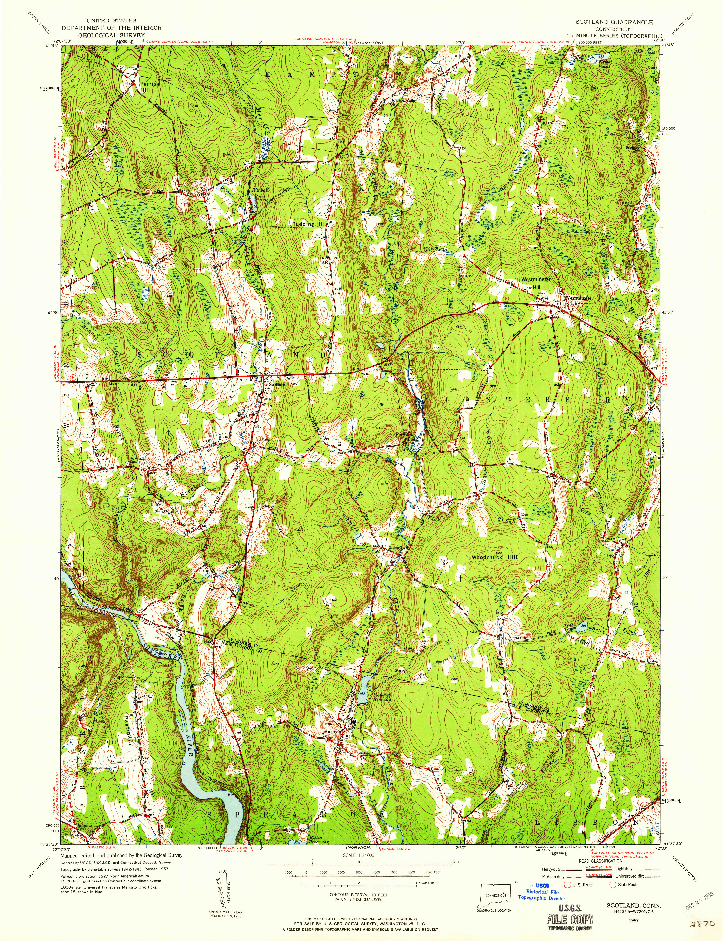 USGS 1:24000-SCALE QUADRANGLE FOR SCOTLAND, CT 1953