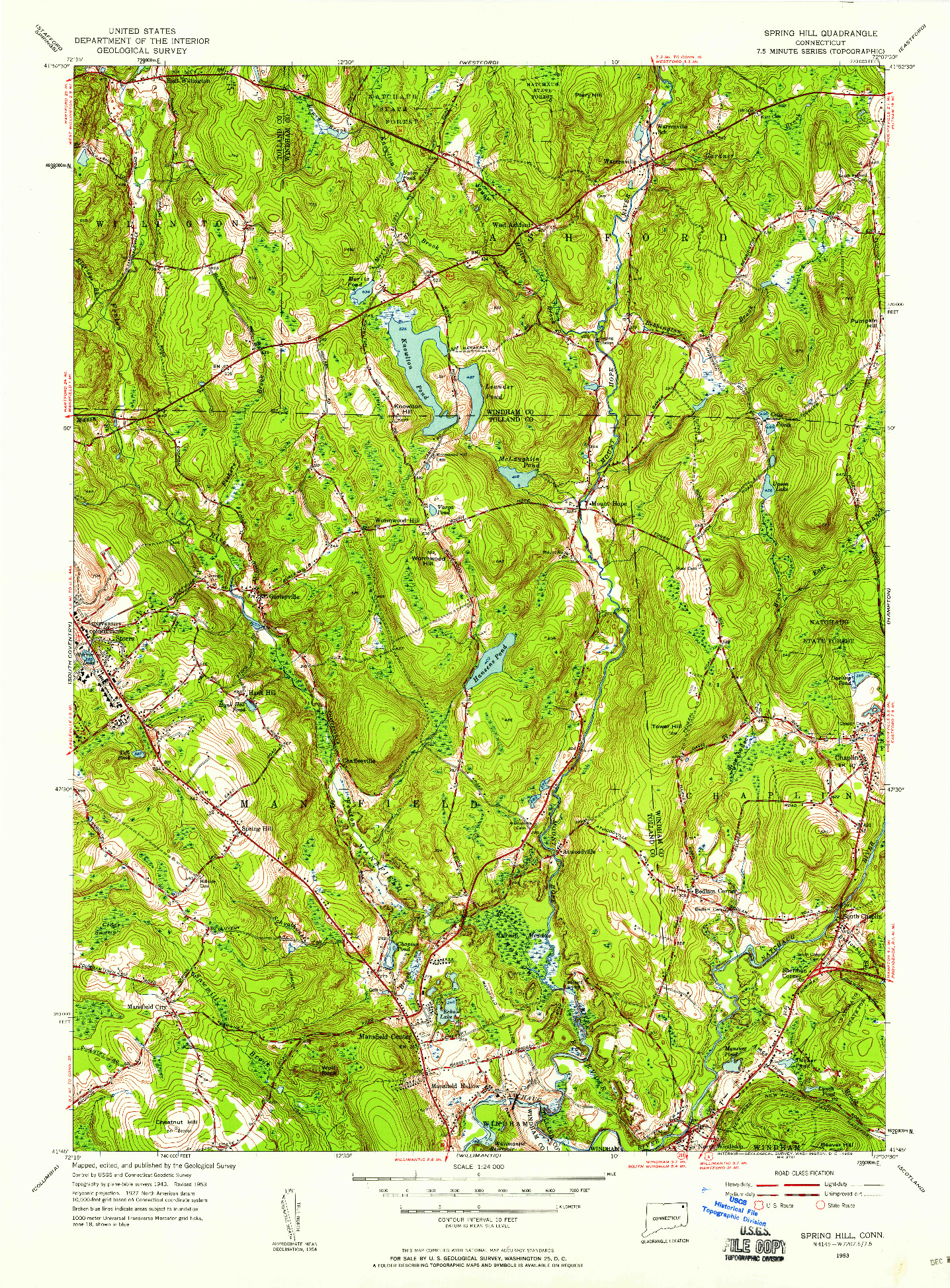 USGS 1:24000-SCALE QUADRANGLE FOR SPRING HILL, CT 1953