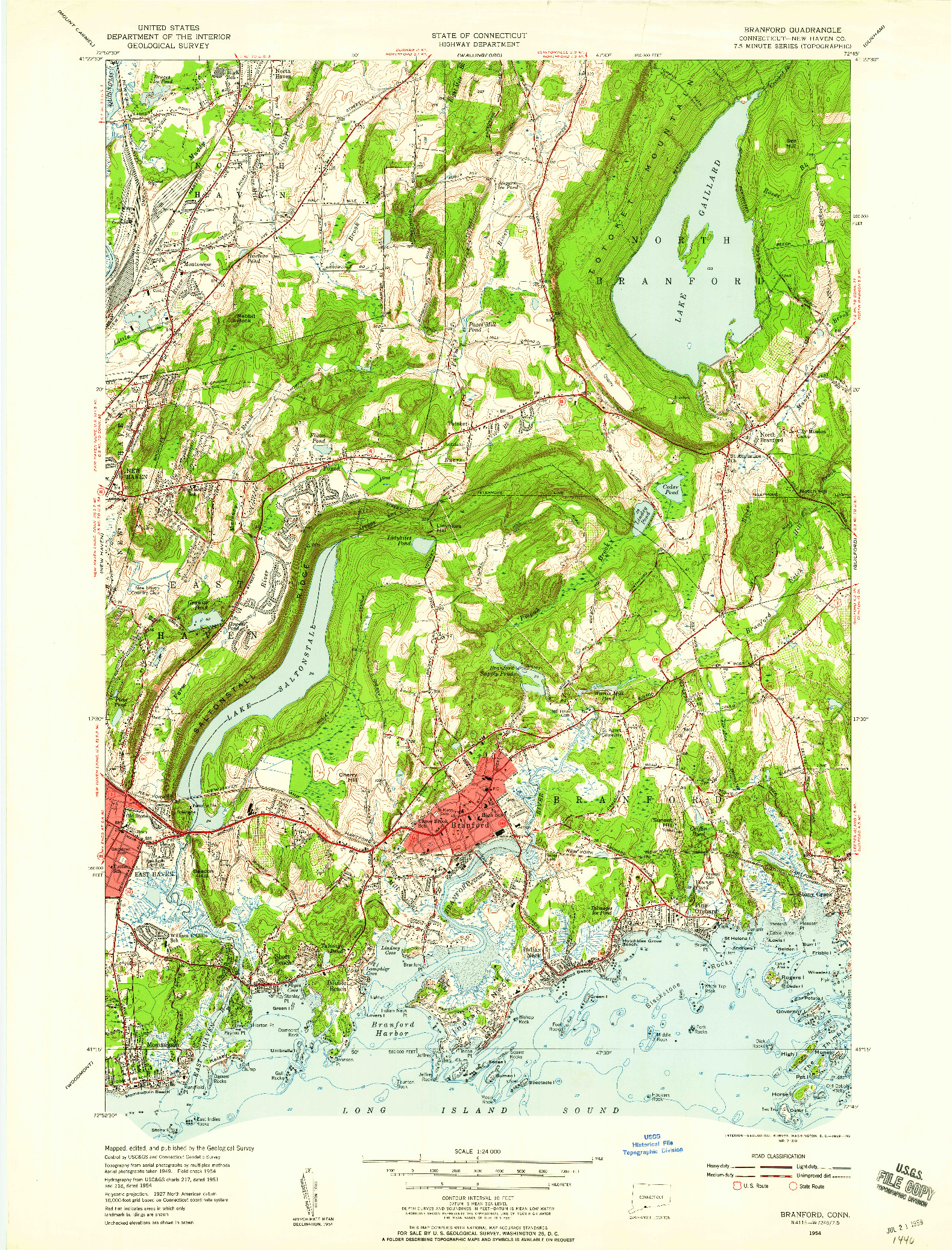 USGS 1:24000-SCALE QUADRANGLE FOR BRANFORD, CT 1954