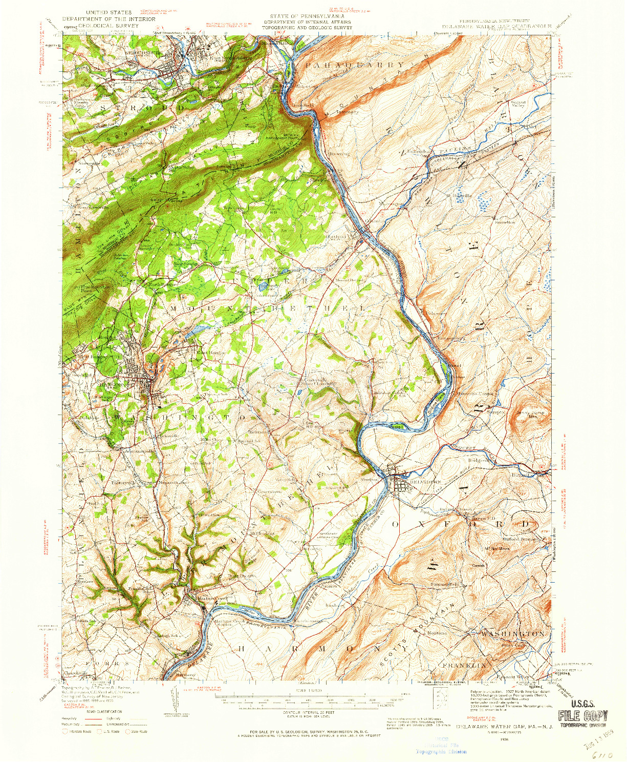 USGS 1:62500-SCALE QUADRANGLE FOR DELAWARE WATER GAP, PA 1936