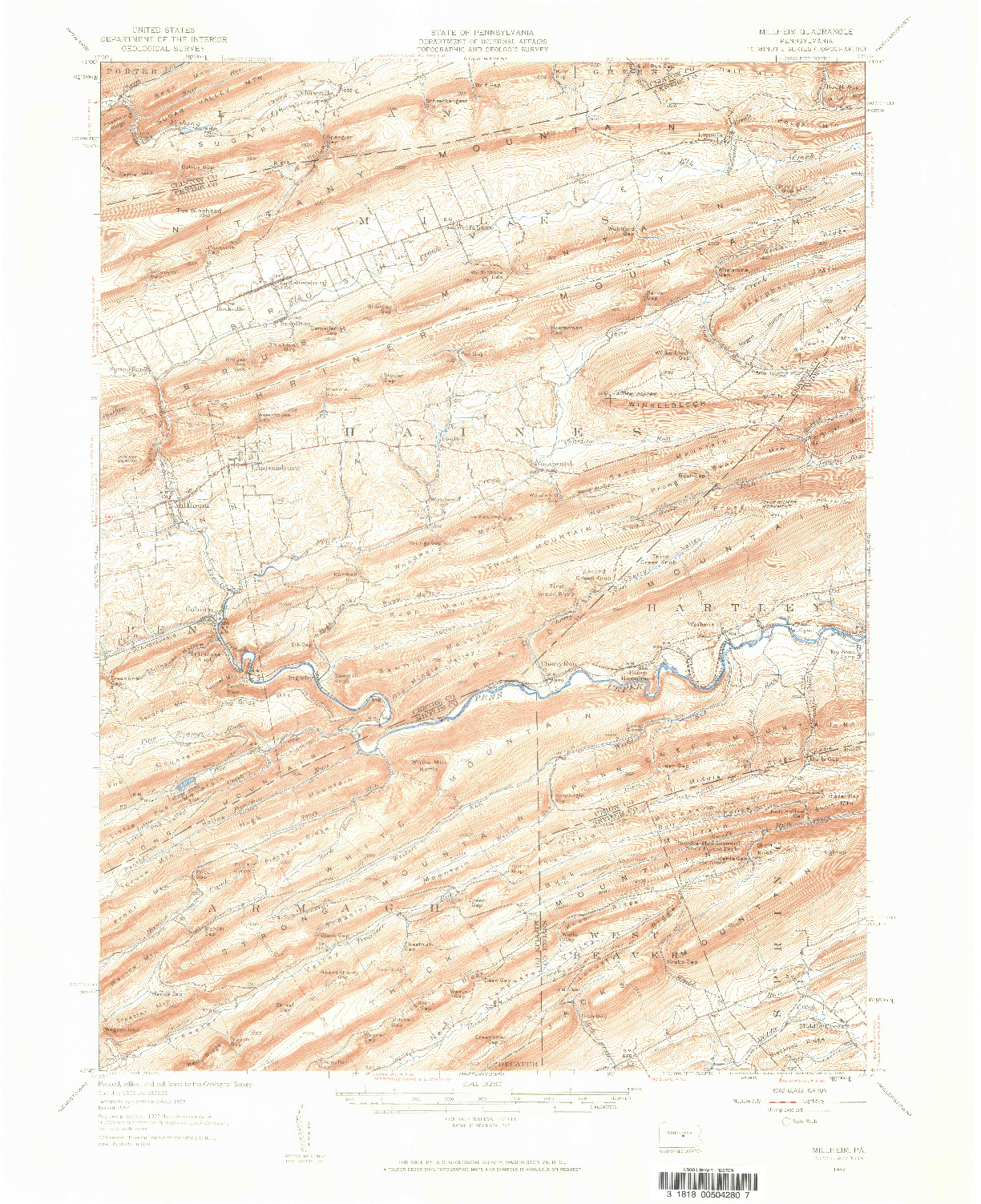 USGS 1:62500-SCALE QUADRANGLE FOR MILLHEIM, PA 1957