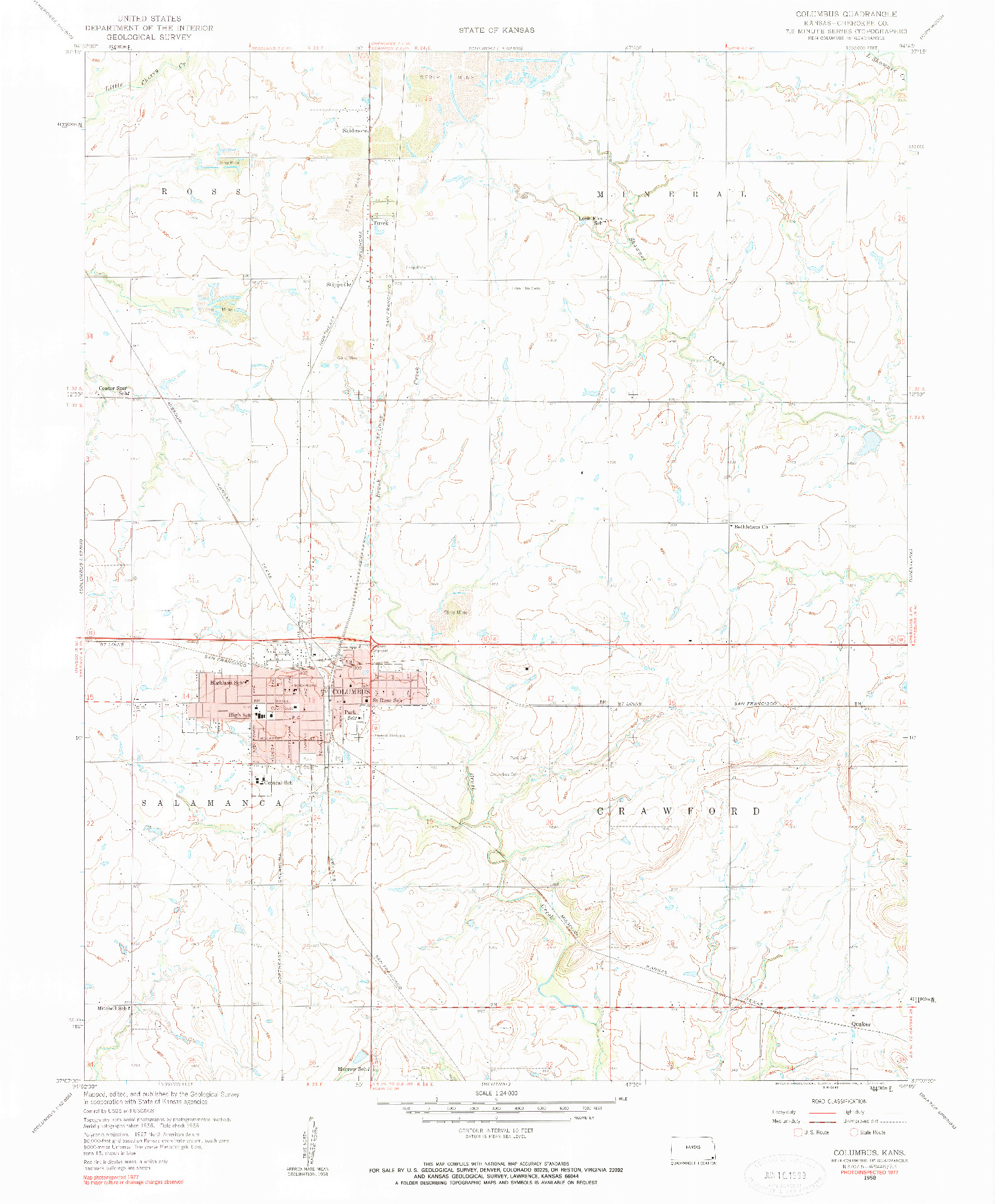 USGS 1:24000-SCALE QUADRANGLE FOR COLUMBUS, KS 1958