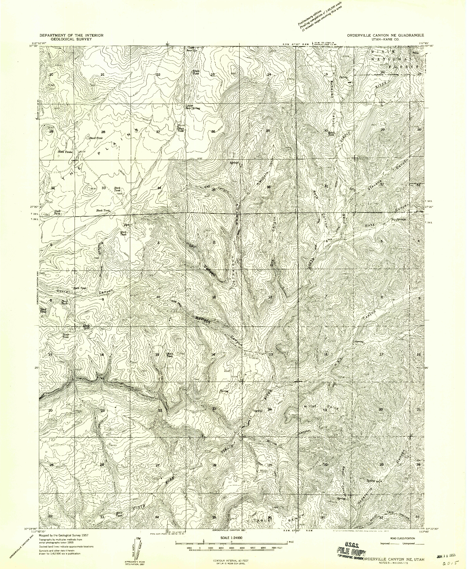 USGS 1:24000-SCALE QUADRANGLE FOR ORDERVILLE CANYON NE, UT 1957