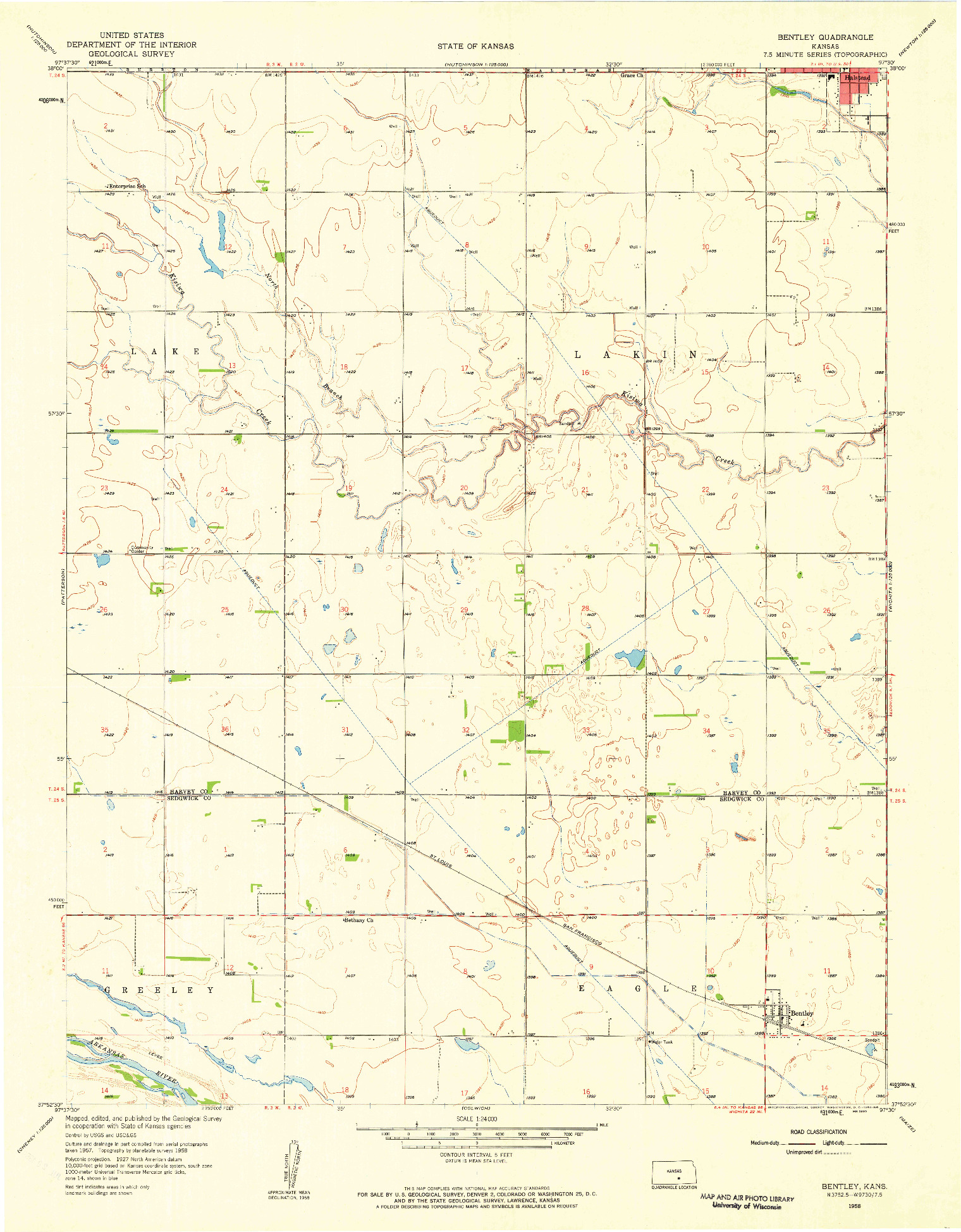 USGS 1:24000-SCALE QUADRANGLE FOR BENTLEY, KS 1958