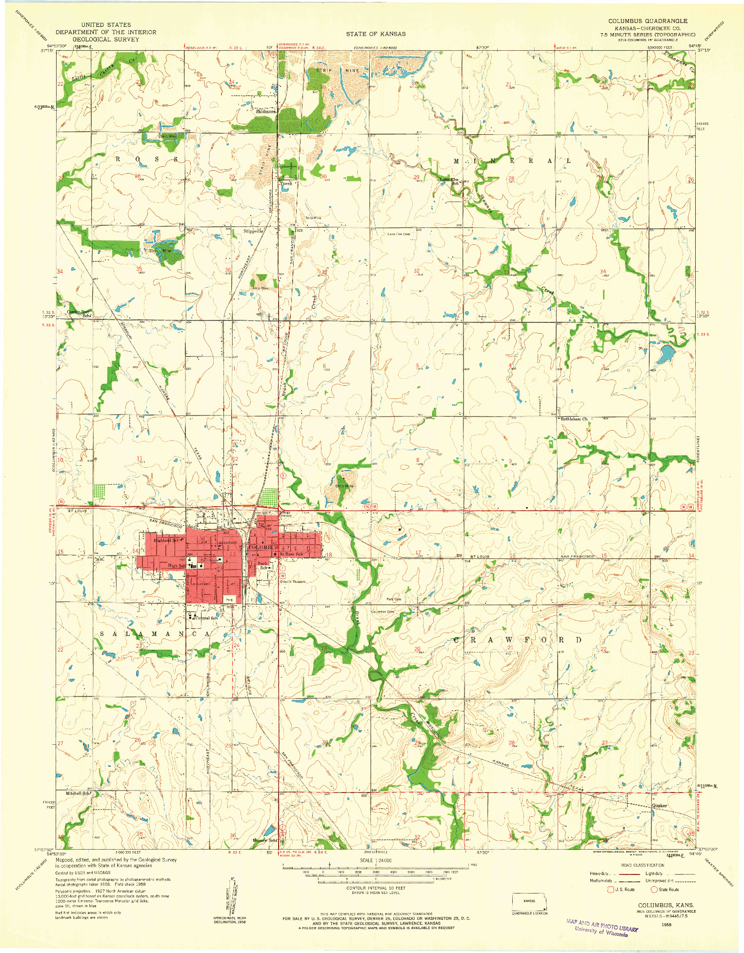 USGS 1:24000-SCALE QUADRANGLE FOR COLUMBUS, KS 1958