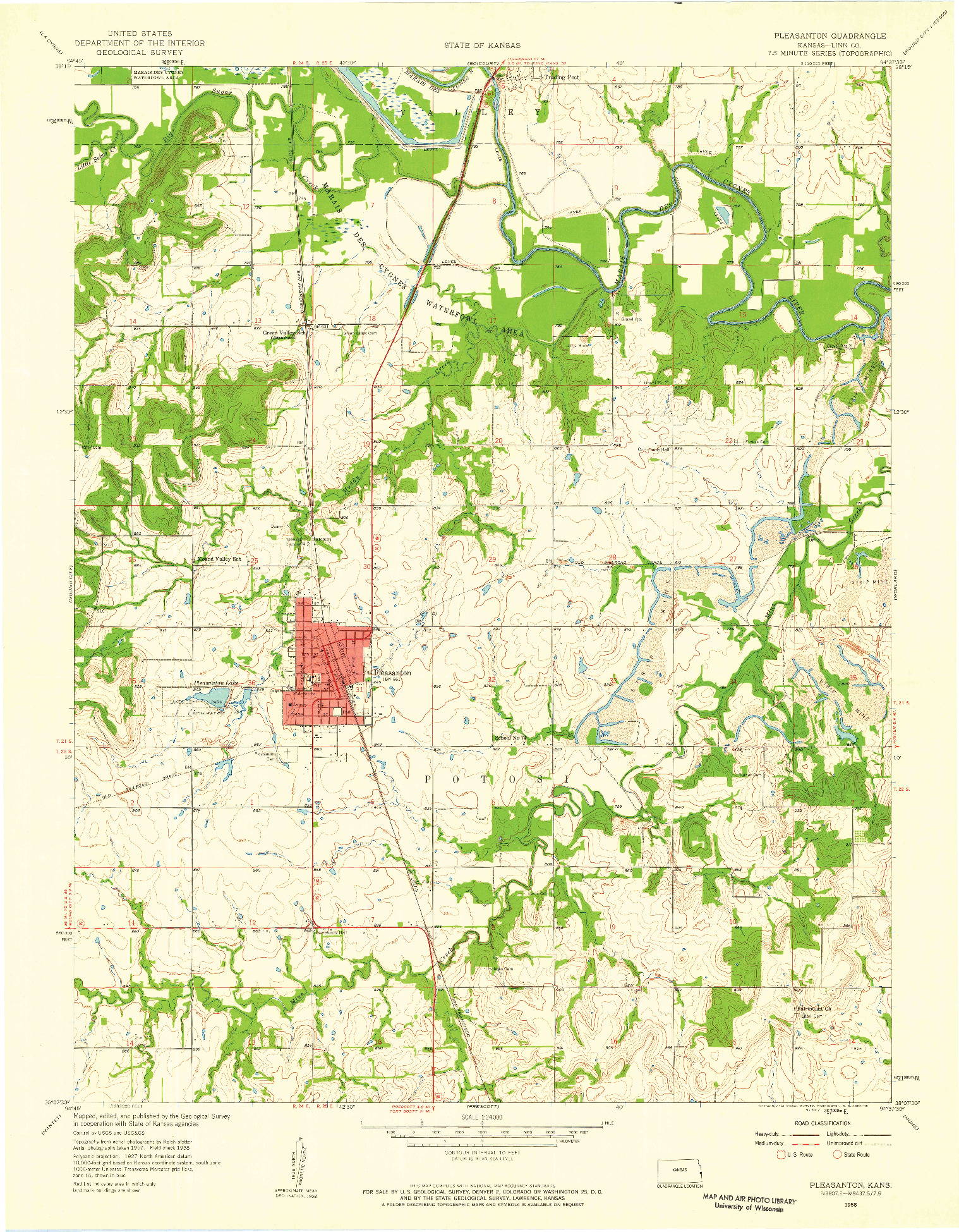 USGS 1:24000-SCALE QUADRANGLE FOR PLEASANTON, KS 1958