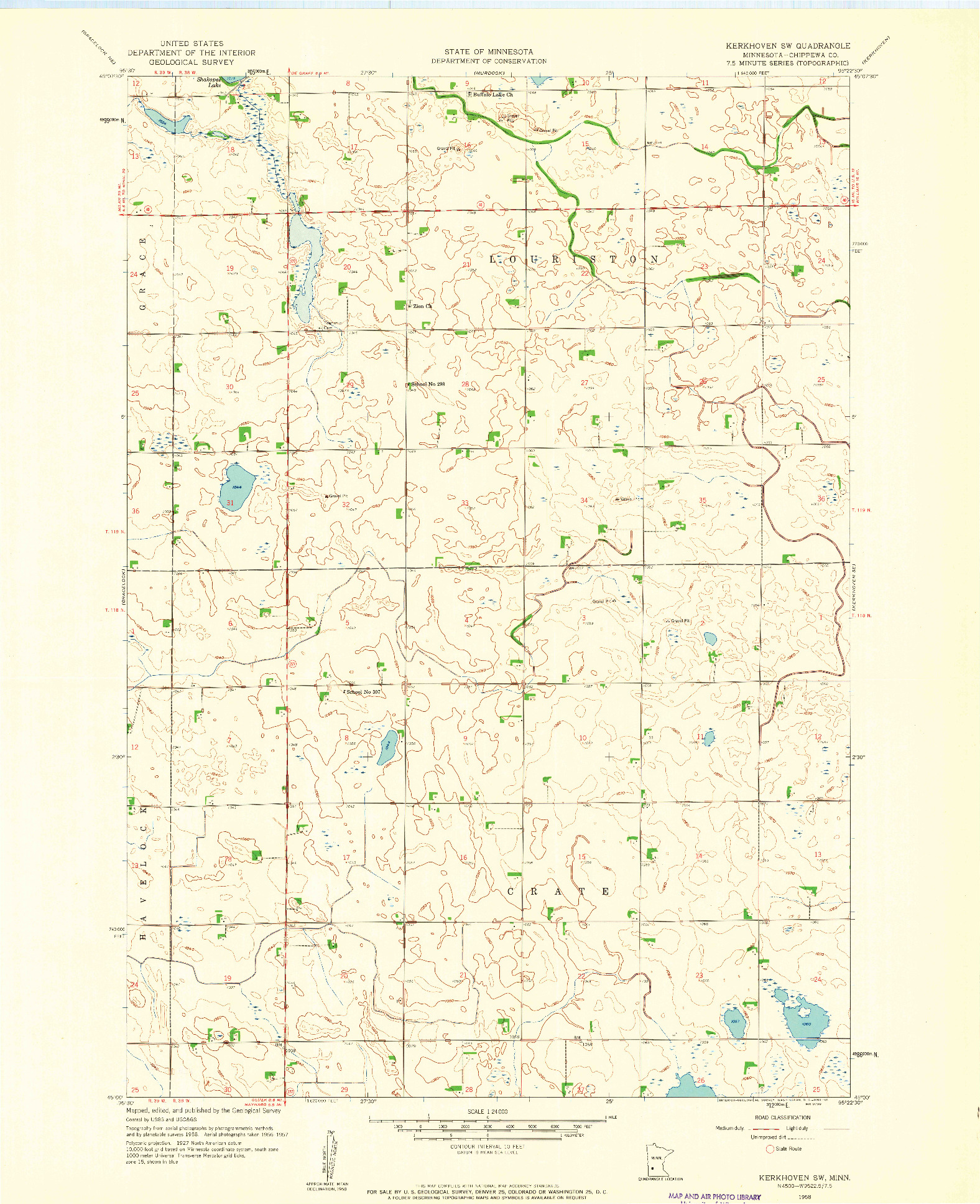 USGS 1:24000-SCALE QUADRANGLE FOR KERKHOVEN SW, MN 1958