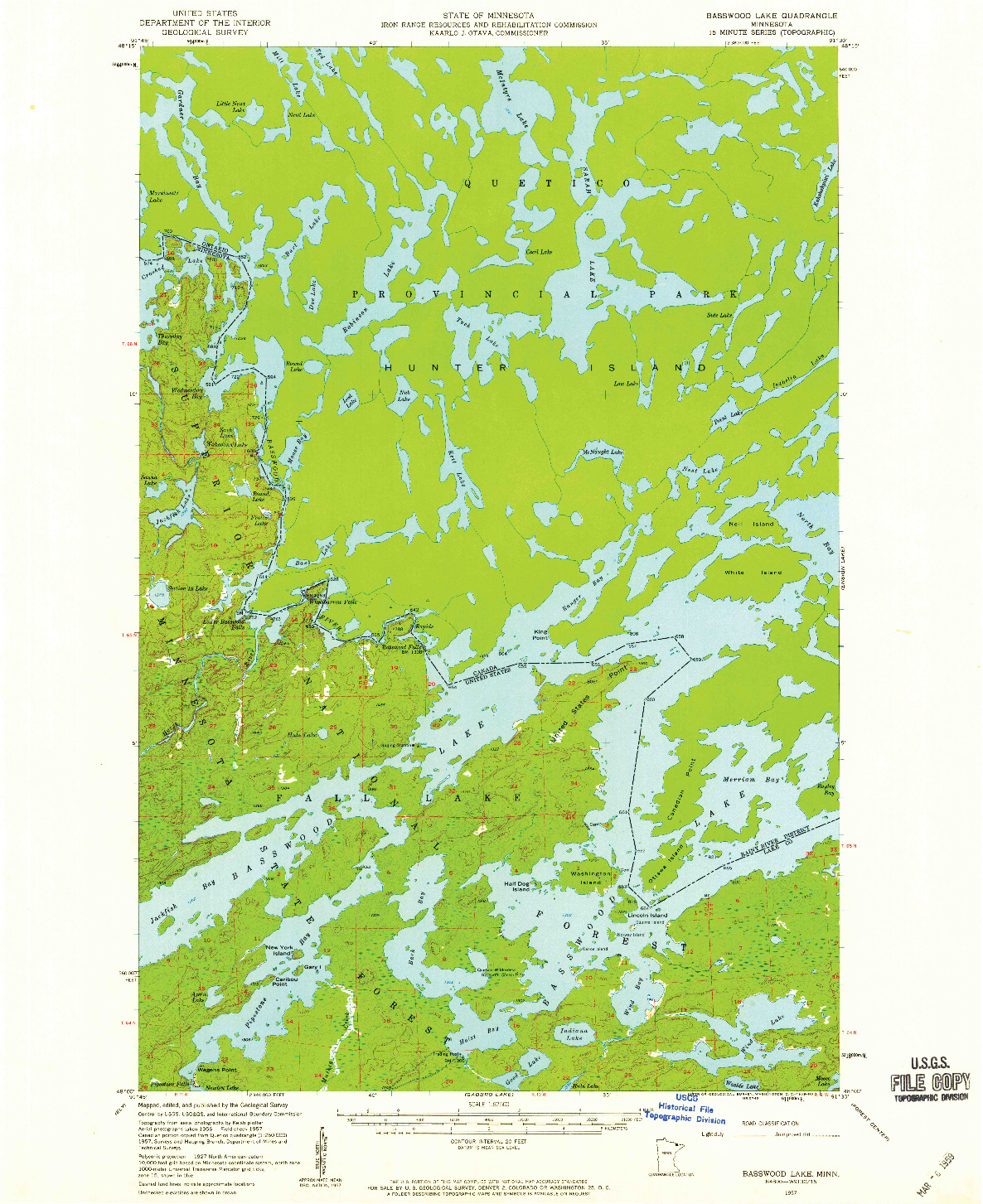 USGS 1:62500-SCALE QUADRANGLE FOR BASSWOOD LAKE, MN 1957