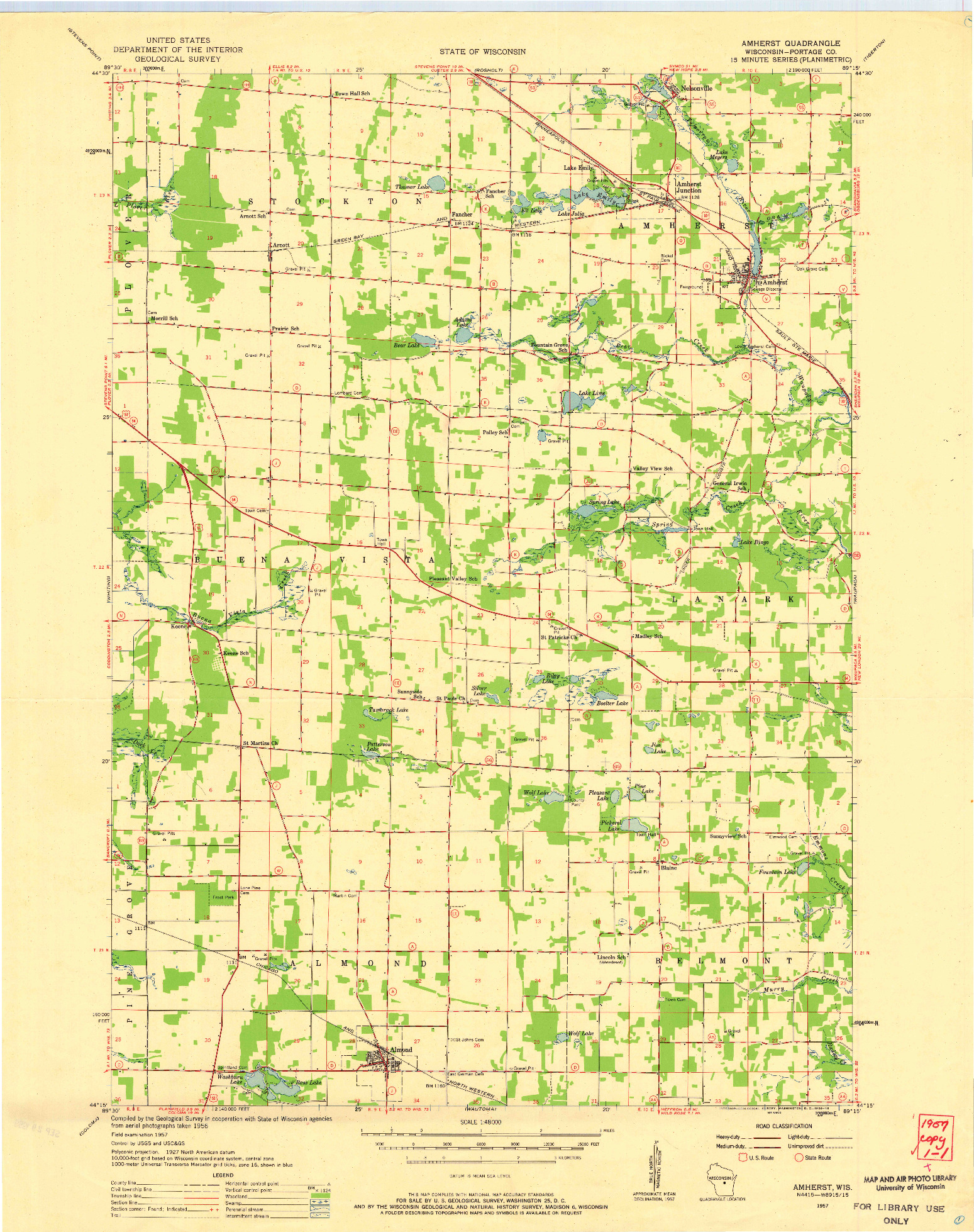 USGS 1:48000-SCALE QUADRANGLE FOR AMHERST, WI 1957