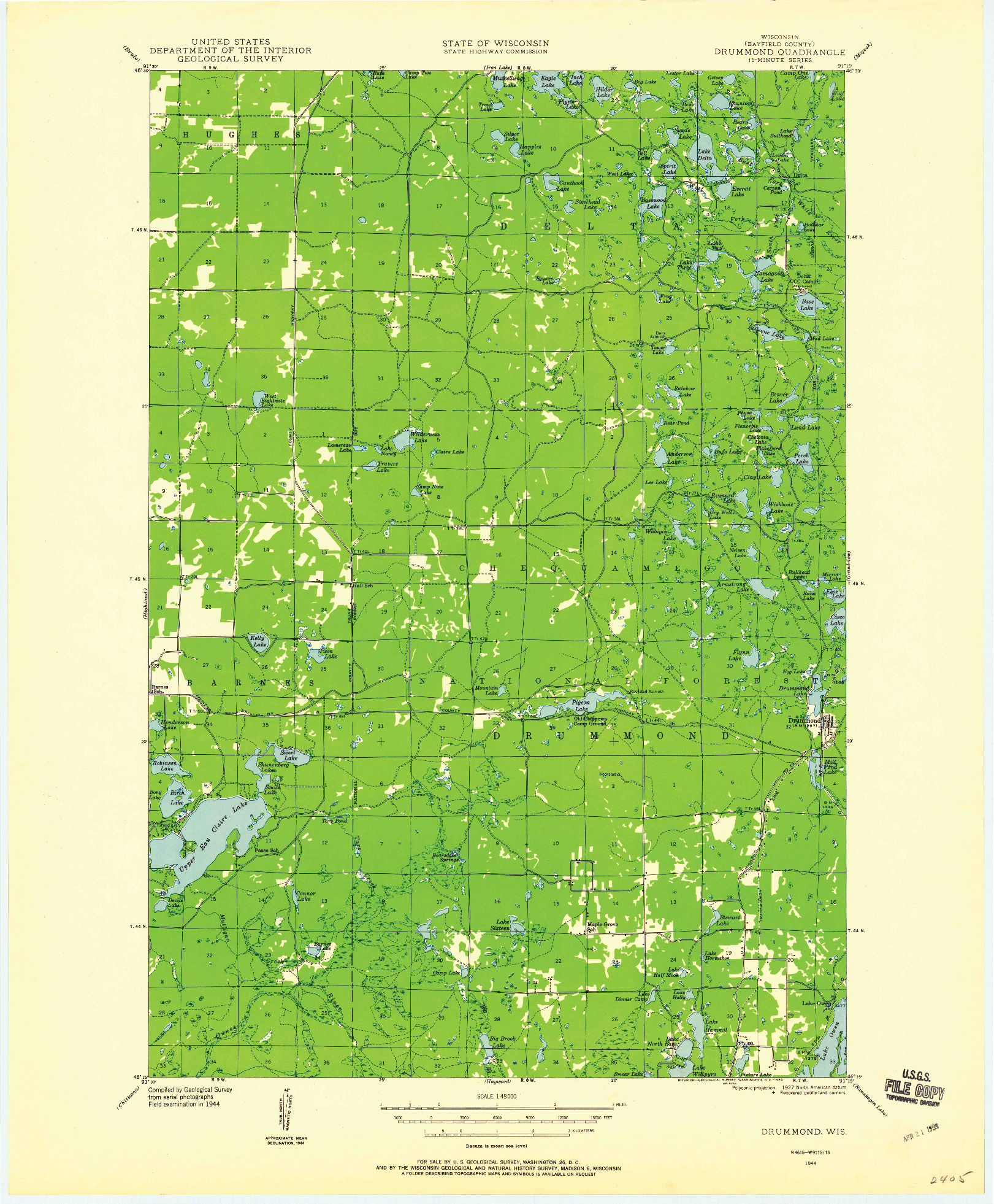 USGS 1:48000-SCALE QUADRANGLE FOR DRUMMOND, WI 1944