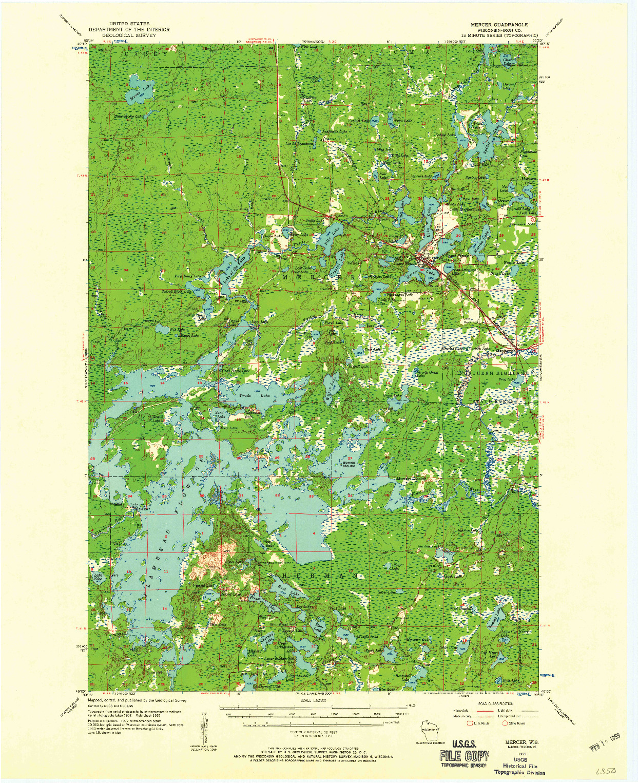 USGS 1:62500-SCALE QUADRANGLE FOR MERCER, WI 1955