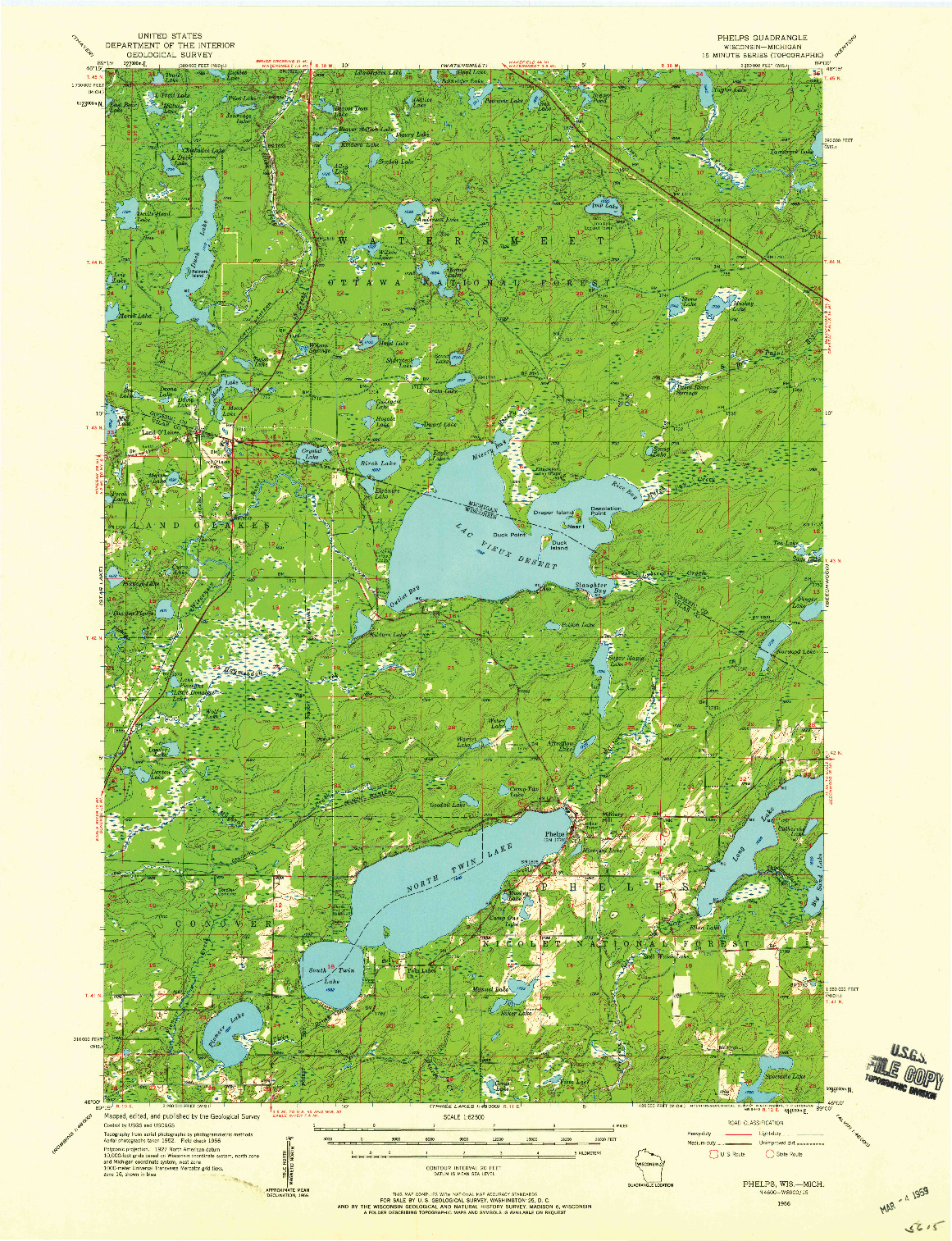 USGS 1:62500-SCALE QUADRANGLE FOR PHELPS, WI 1956