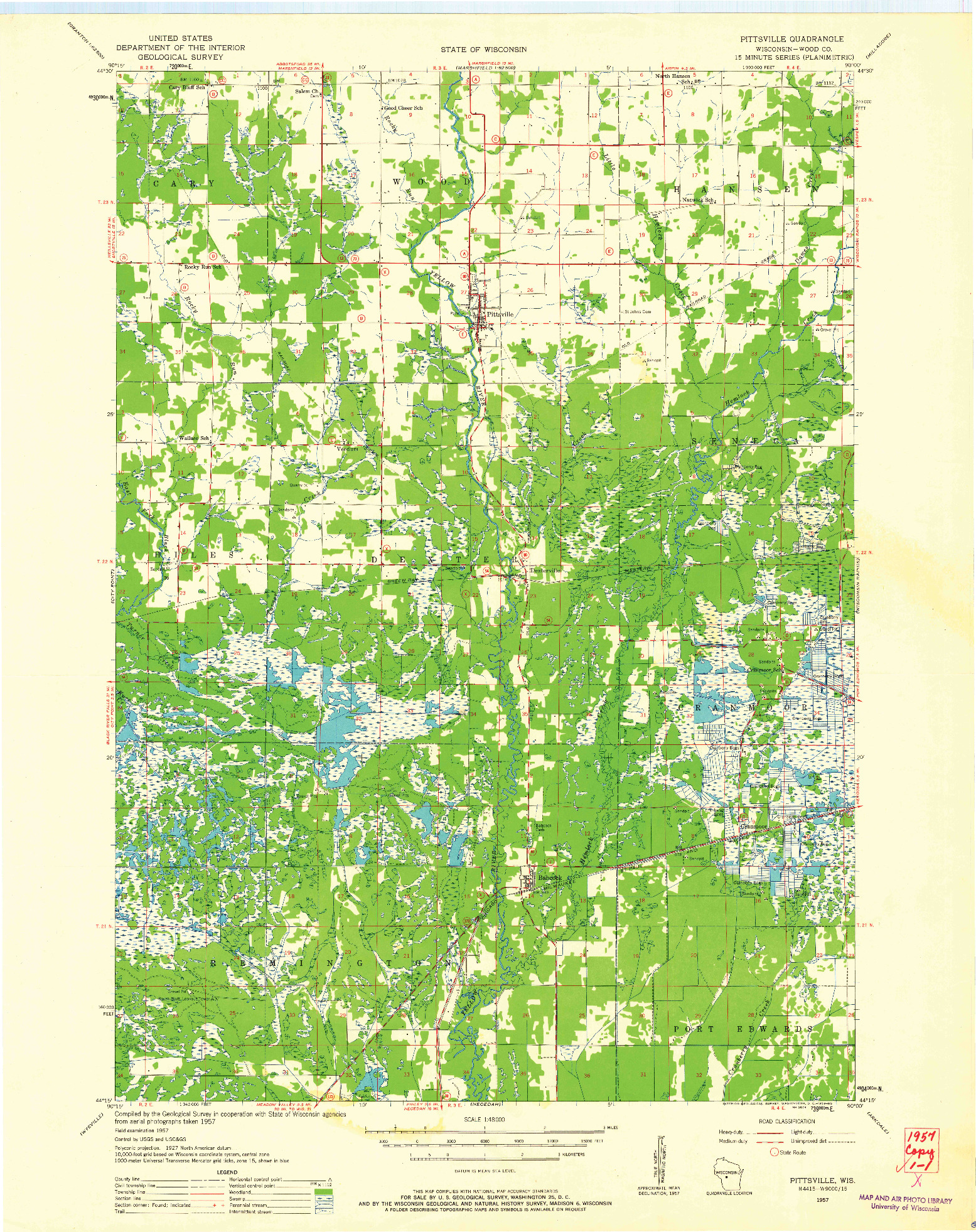 USGS 1:48000-SCALE QUADRANGLE FOR PITTSVILLE, WI 1957