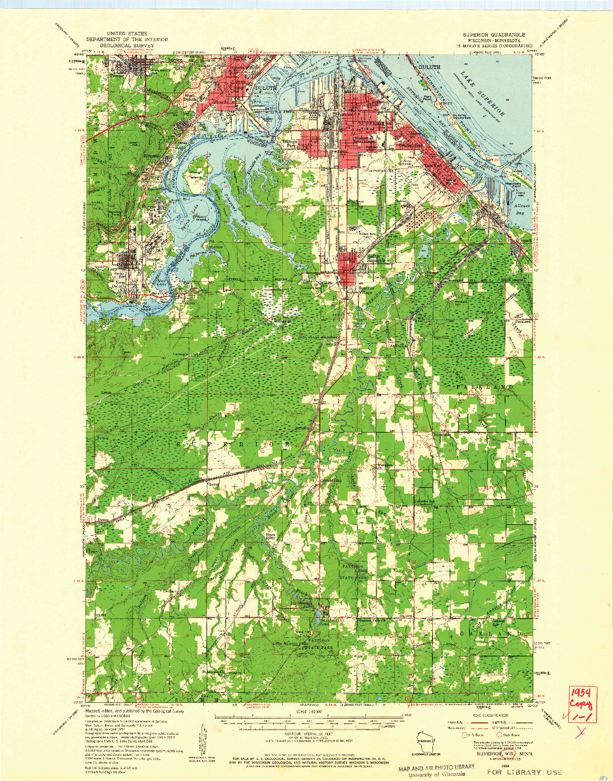 USGS 1:62500-SCALE QUADRANGLE FOR SUPERIOR, WI 1954