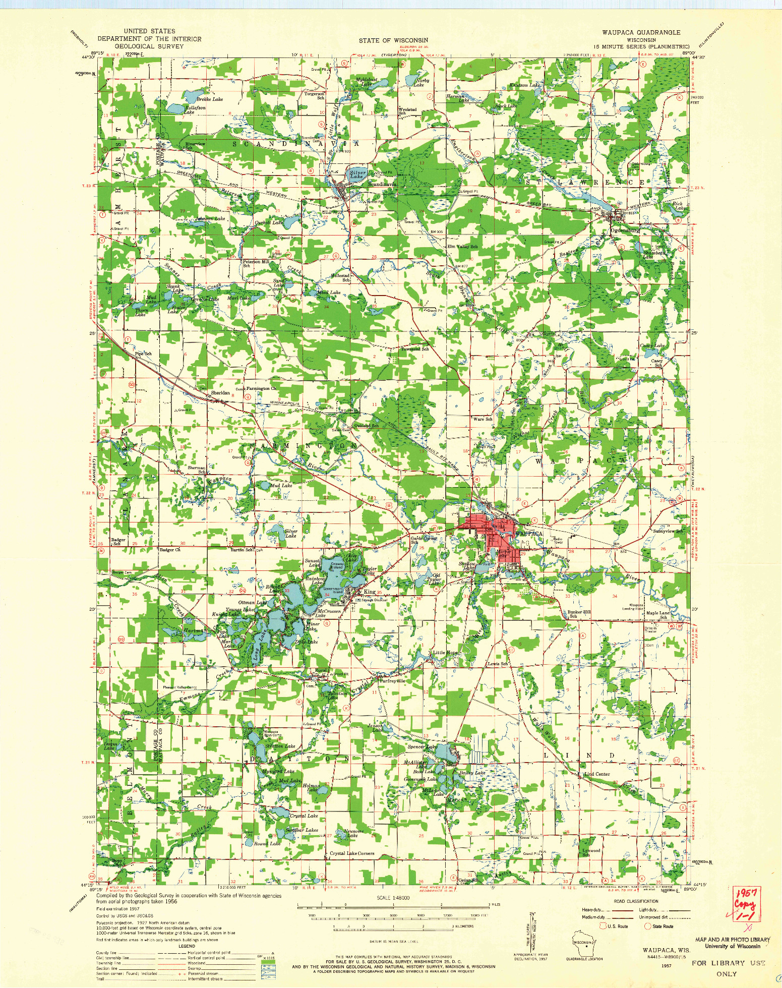 USGS 1:48000-SCALE QUADRANGLE FOR WAUPACA, WI 1957