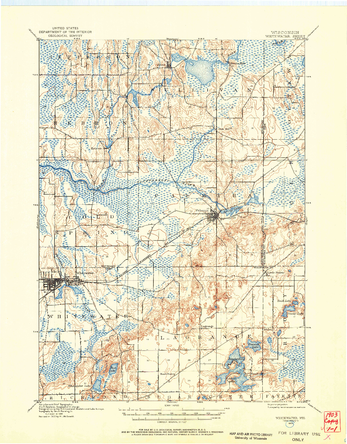 USGS 1:62500-SCALE QUADRANGLE FOR WHITEWATER, WI 1903