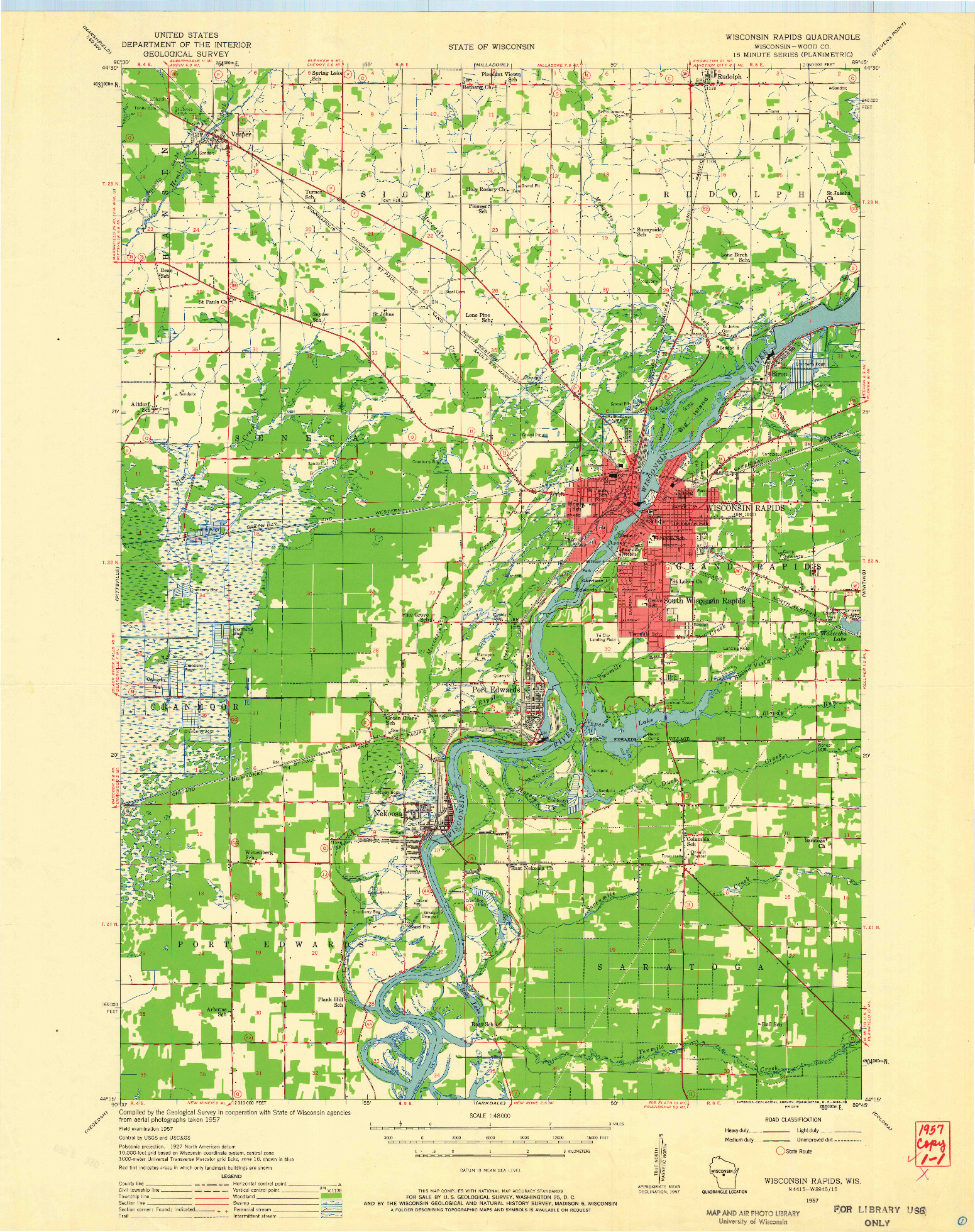 USGS 1:48000-SCALE QUADRANGLE FOR WISCONSIN RAPIDS, WI 1957