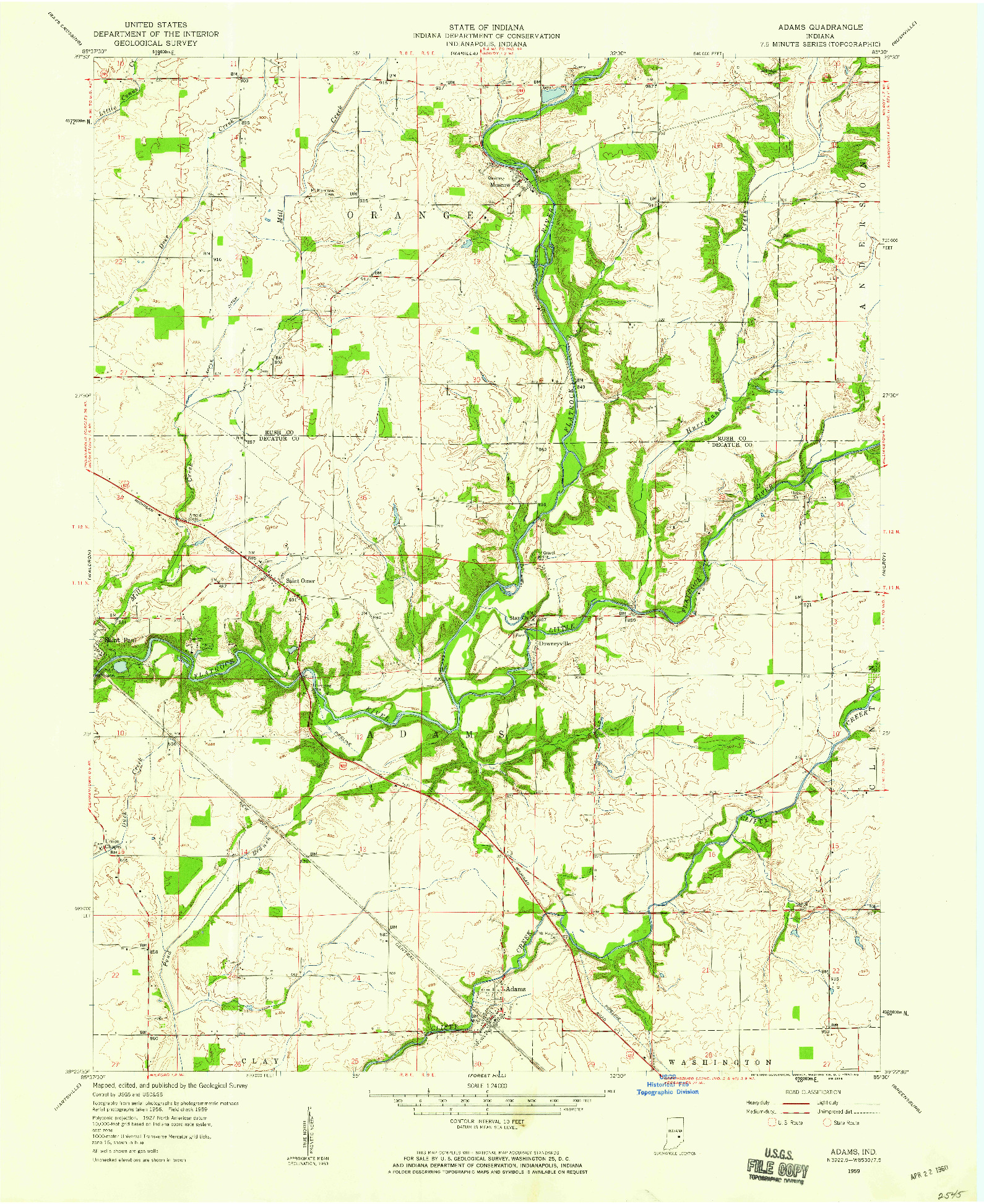 USGS 1:24000-SCALE QUADRANGLE FOR ADAMS, IN 1959