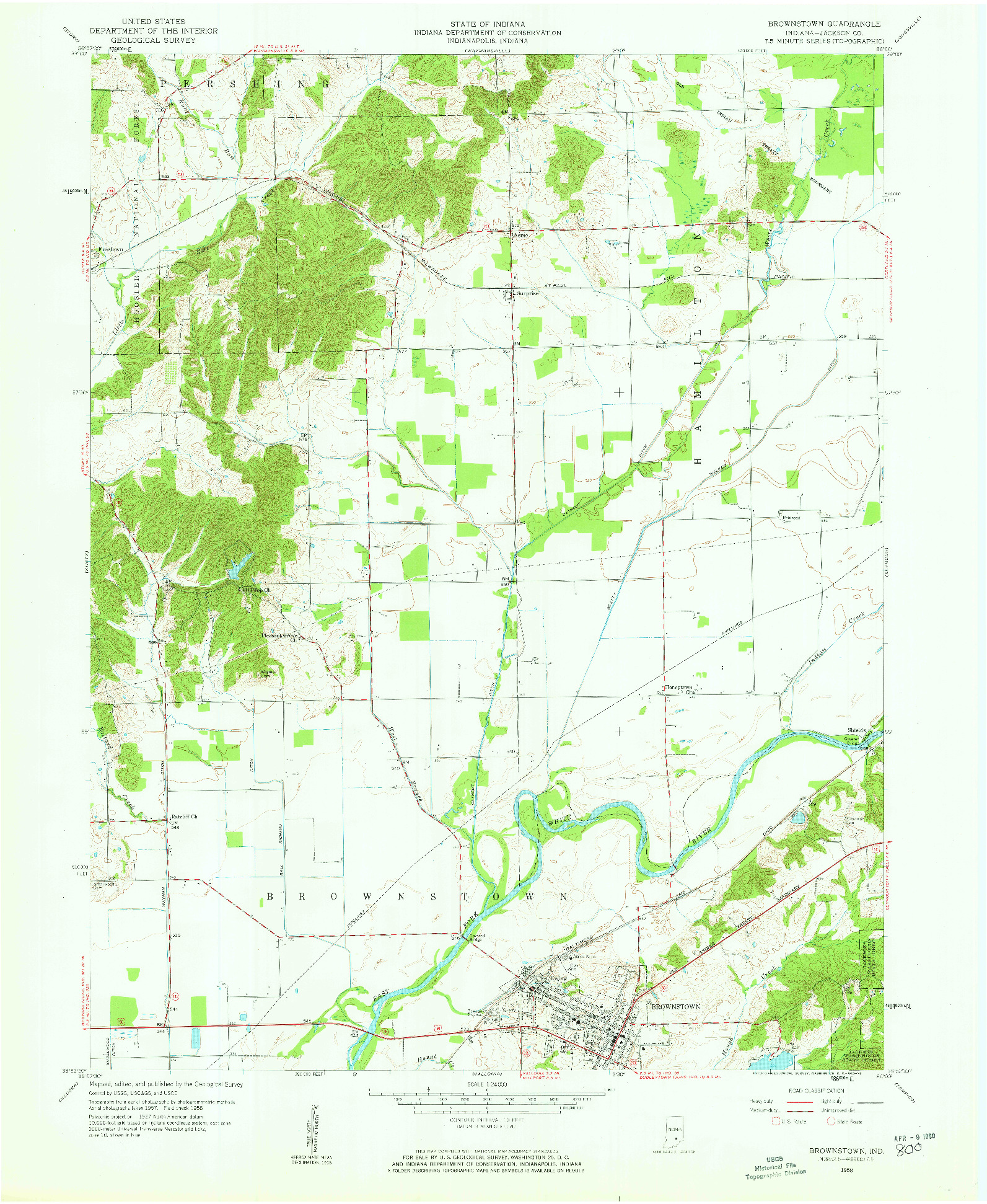 USGS 1:24000-SCALE QUADRANGLE FOR BROWNSTOWN, IN 1958