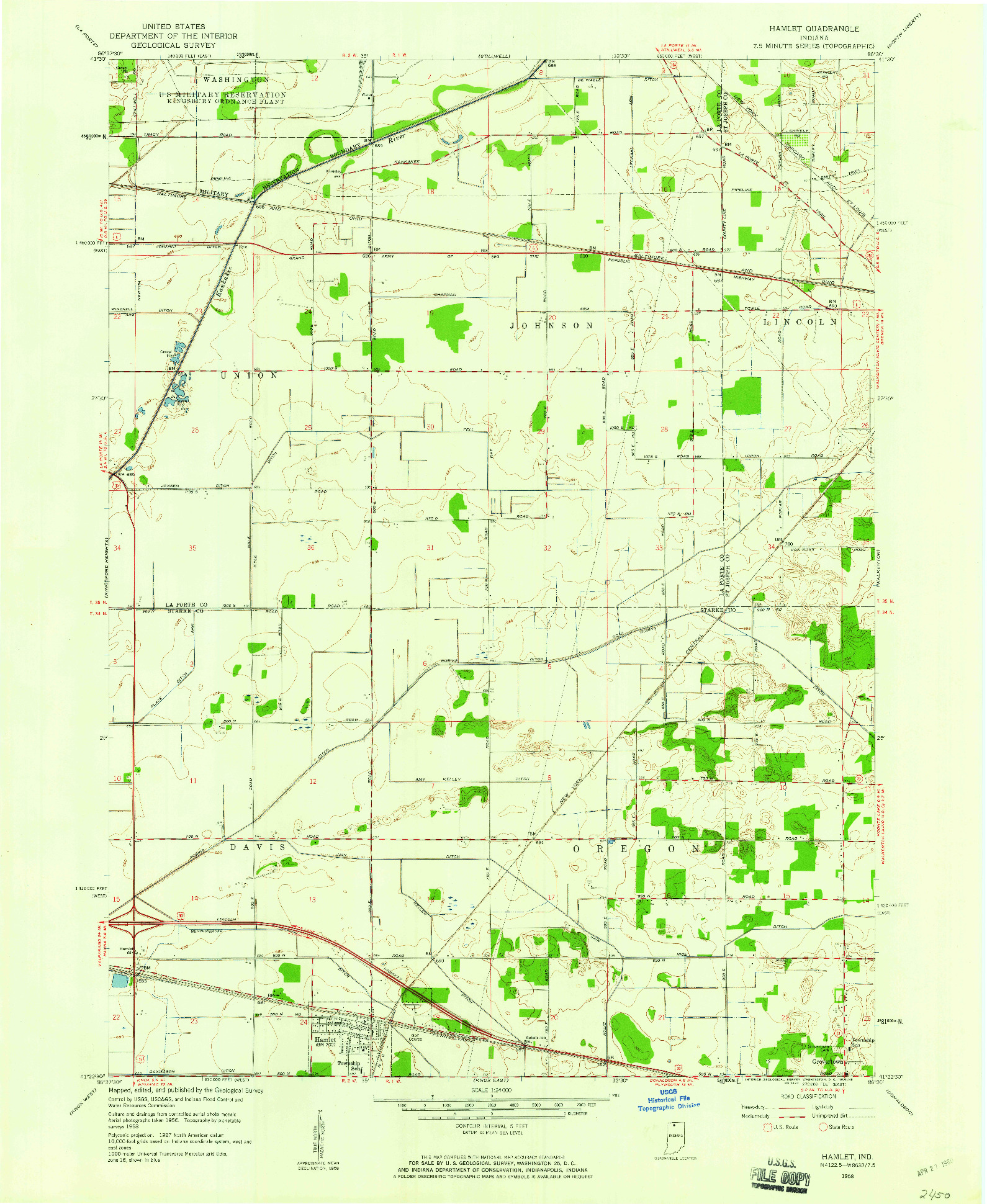 USGS 1:24000-SCALE QUADRANGLE FOR HAMLET, IN 1958