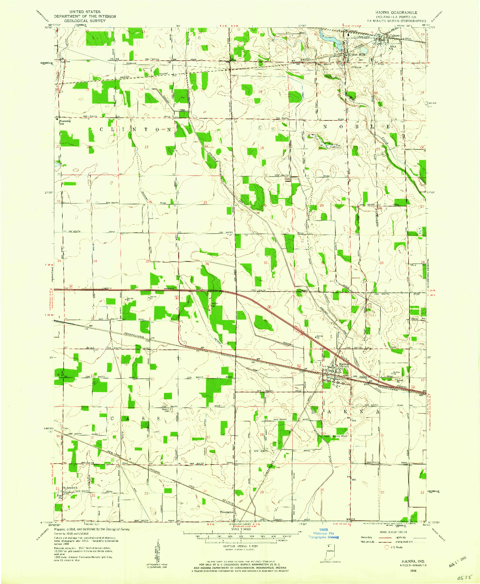 USGS 1:24000-SCALE QUADRANGLE FOR HANNA, IN 1958