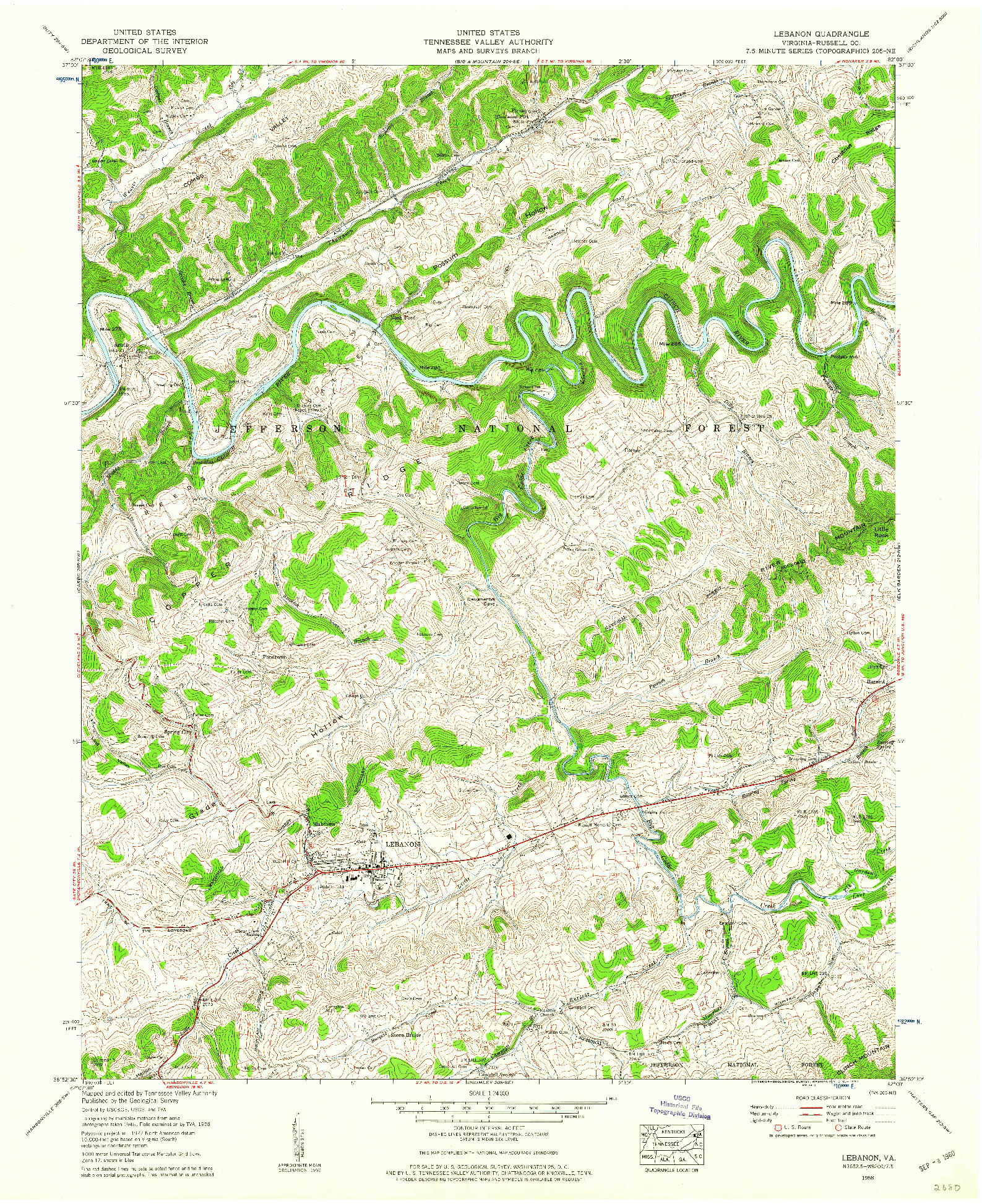 USGS 1:24000-SCALE QUADRANGLE FOR LEBANON, VA 1958