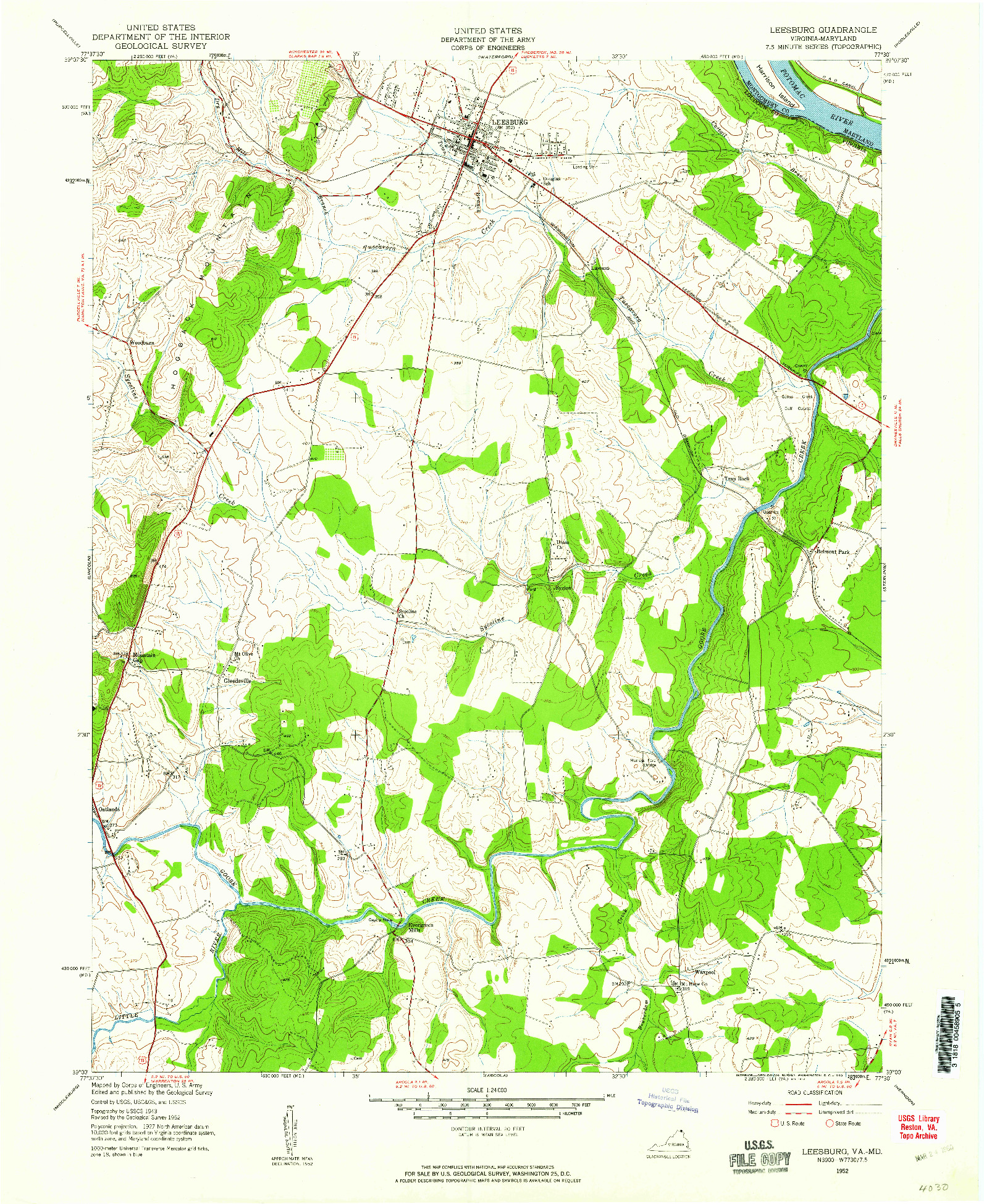 USGS 1:24000-SCALE QUADRANGLE FOR LEESBURG, VA 1952
