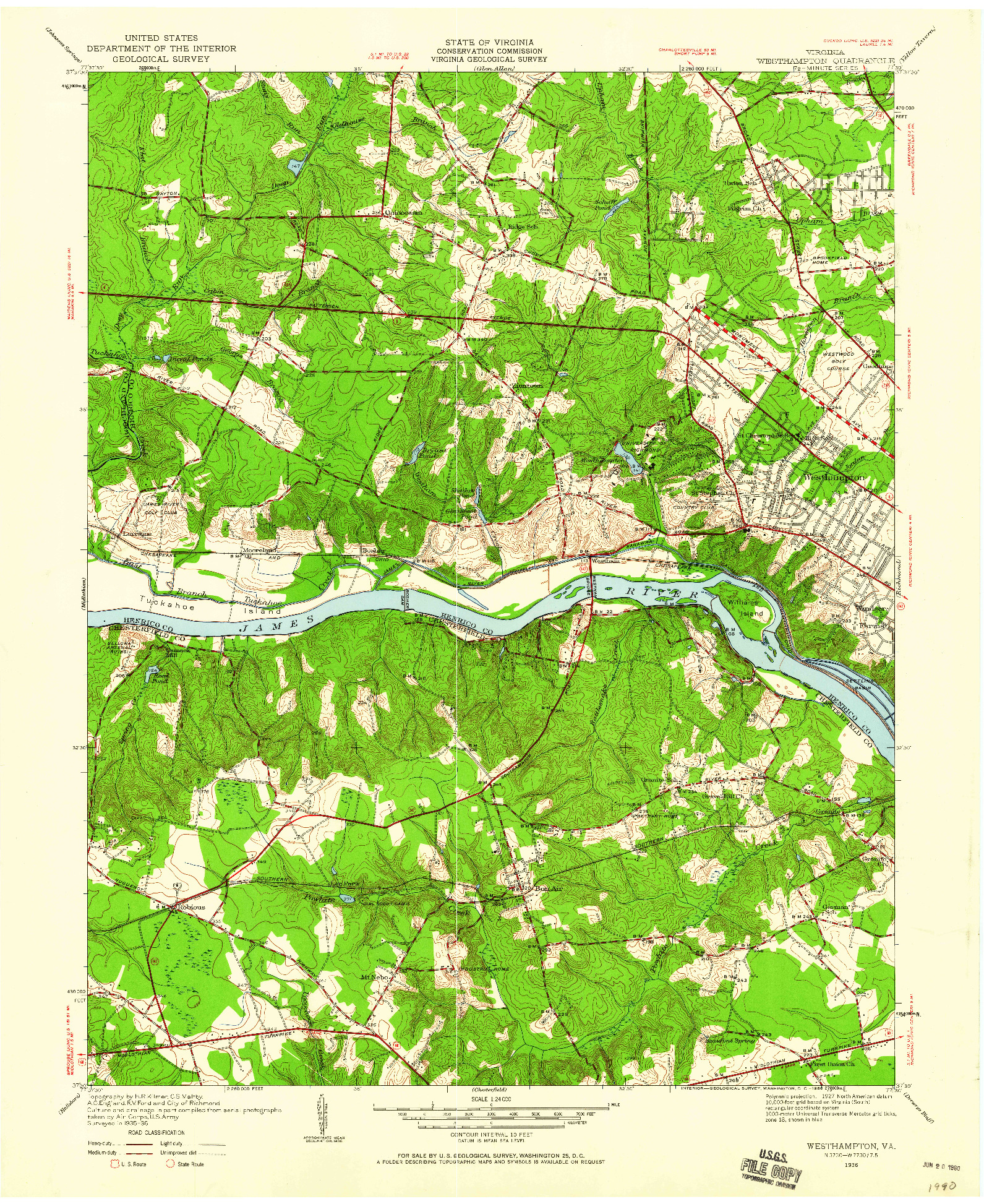 USGS 1:24000-SCALE QUADRANGLE FOR WESTHAMPTON, VA 1936