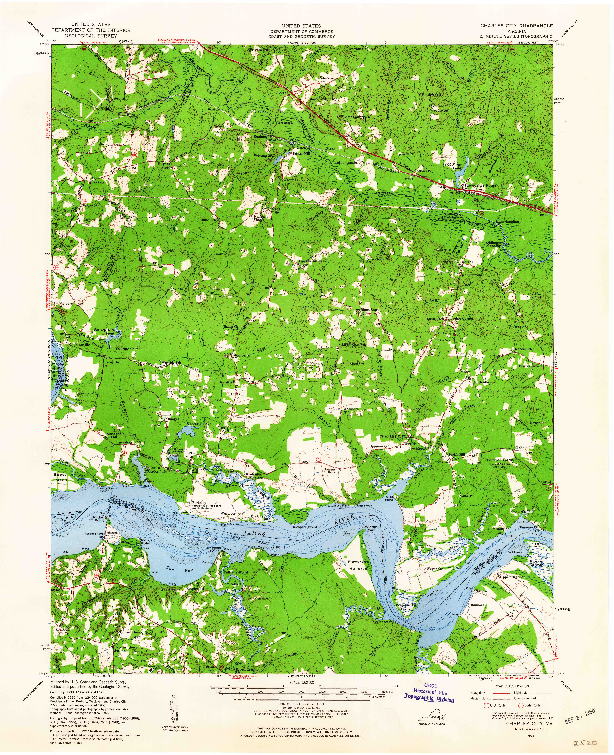 USGS 1:62500-SCALE QUADRANGLE FOR CHARLES CITY, VA 1953