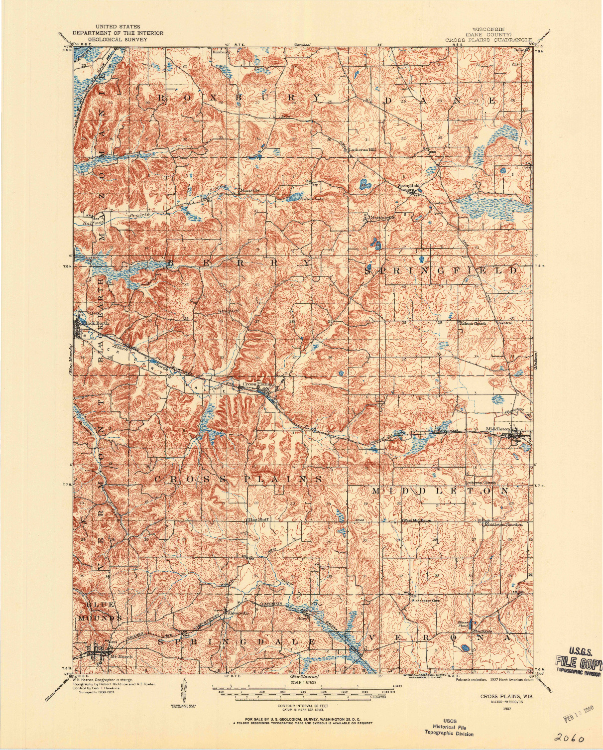USGS 1:62500-SCALE QUADRANGLE FOR CROSS PLAINS, WI 1907