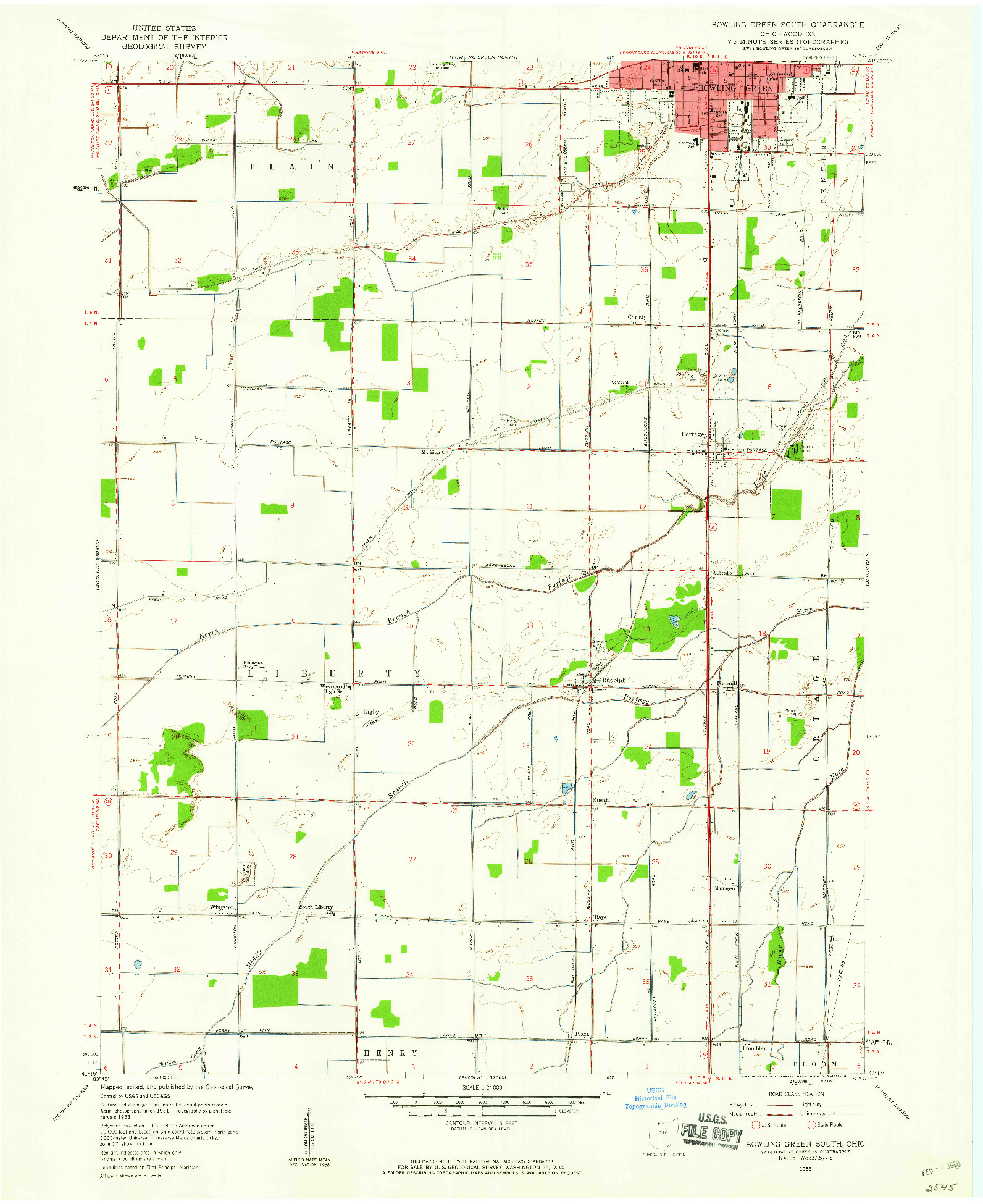 USGS 1:24000-SCALE QUADRANGLE FOR BOWLING GREEN SOUTH, OH 1958