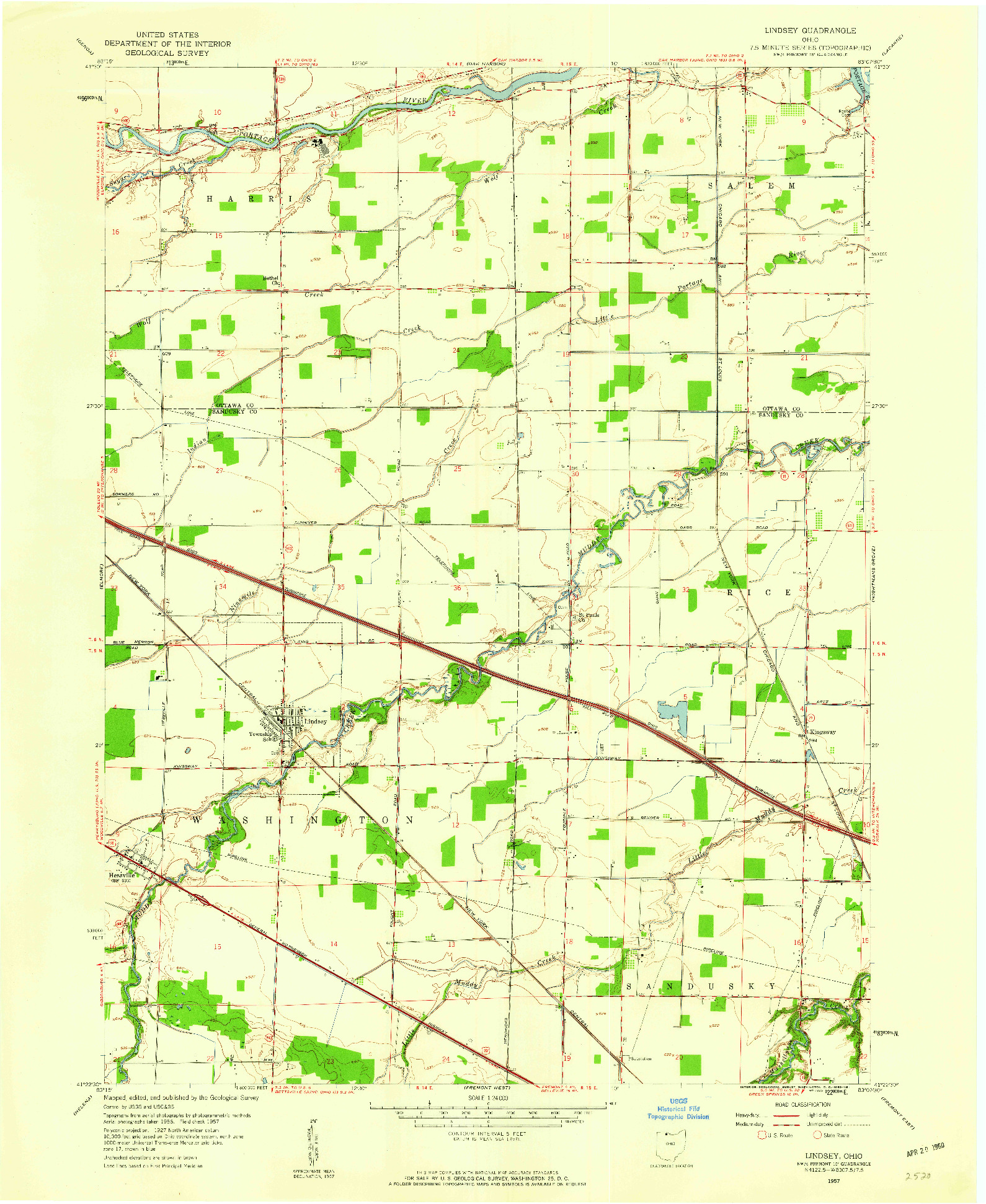 USGS 1:24000-SCALE QUADRANGLE FOR LINDSEY, OH 1957