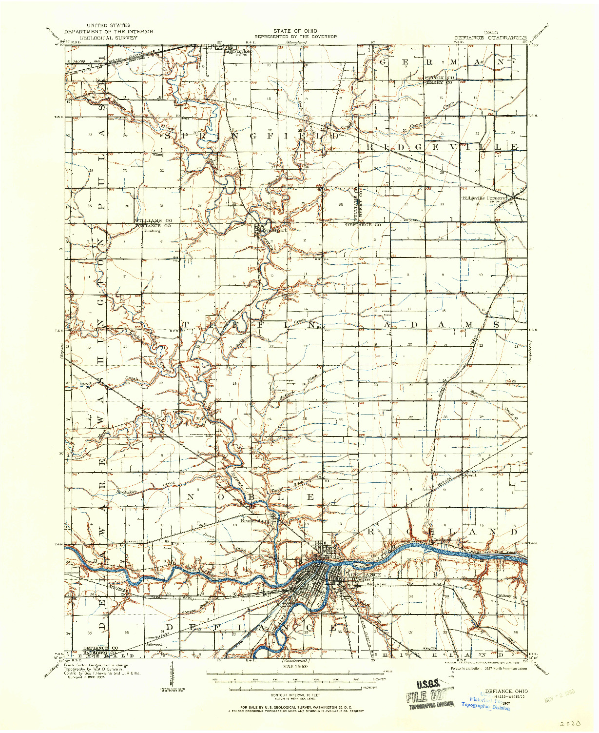 USGS 1:62500-SCALE QUADRANGLE FOR DEFIANCE, OH 1907