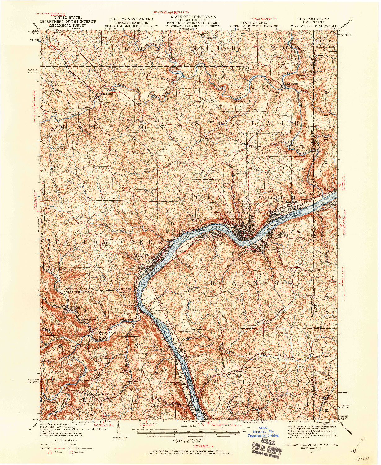 USGS 1:62500-SCALE QUADRANGLE FOR WELLSVILLE, OH 1937